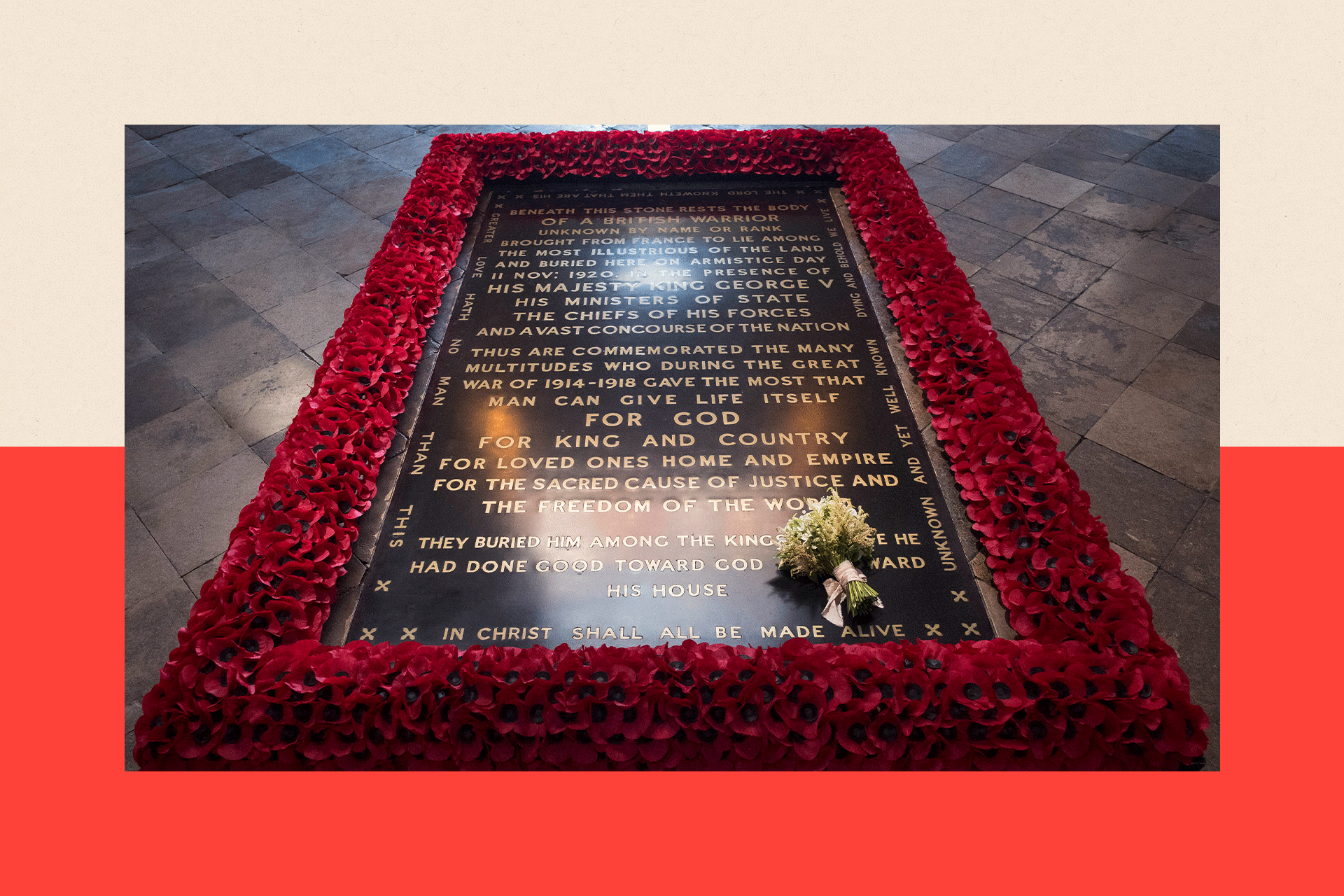 A wedding bouquet is laid on the grave of the Unknown Warrior in the west nave of Westminster Abbey 