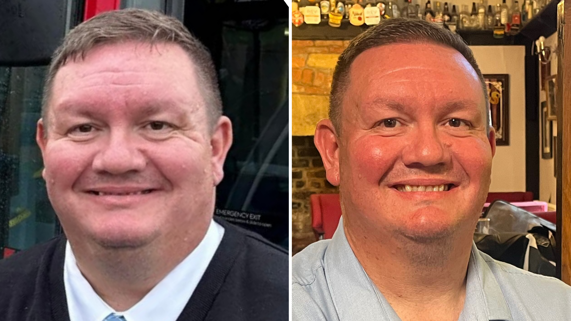 Two images of the same man, Barry, side by side. He has brown hair and is clean shaven and smiling in both. On the left he is standing in front of a bus and wearing a uniform. In the left hand side picture he is in a pub, looking more tanned and he has lost weight. He's wearing a blue shirt.
