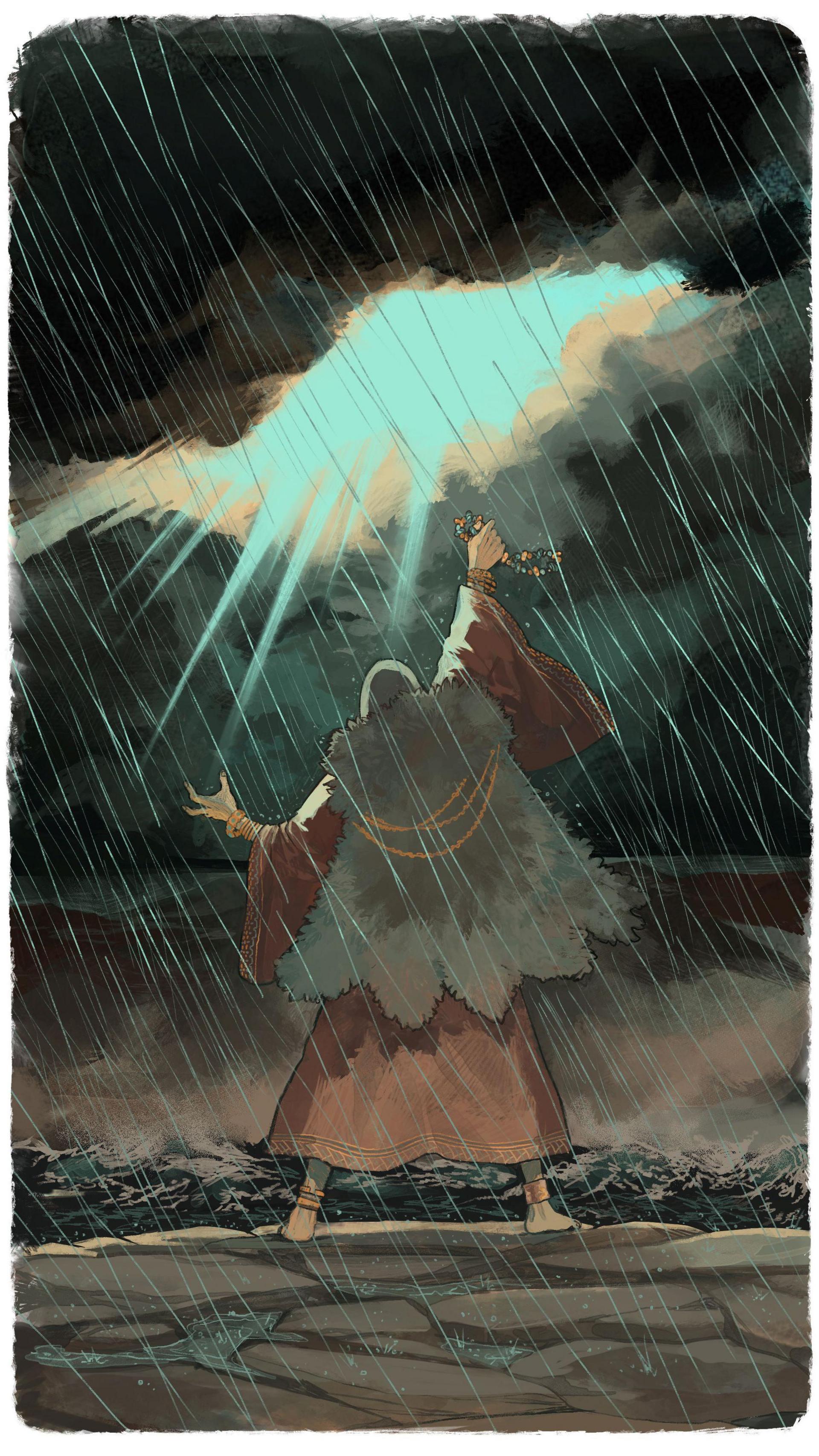 An illustration showing the back of a clocked figure standing in rain on a rocky shore. The figure has an arm raised and dark clouds have parted showing a bright greenish light.