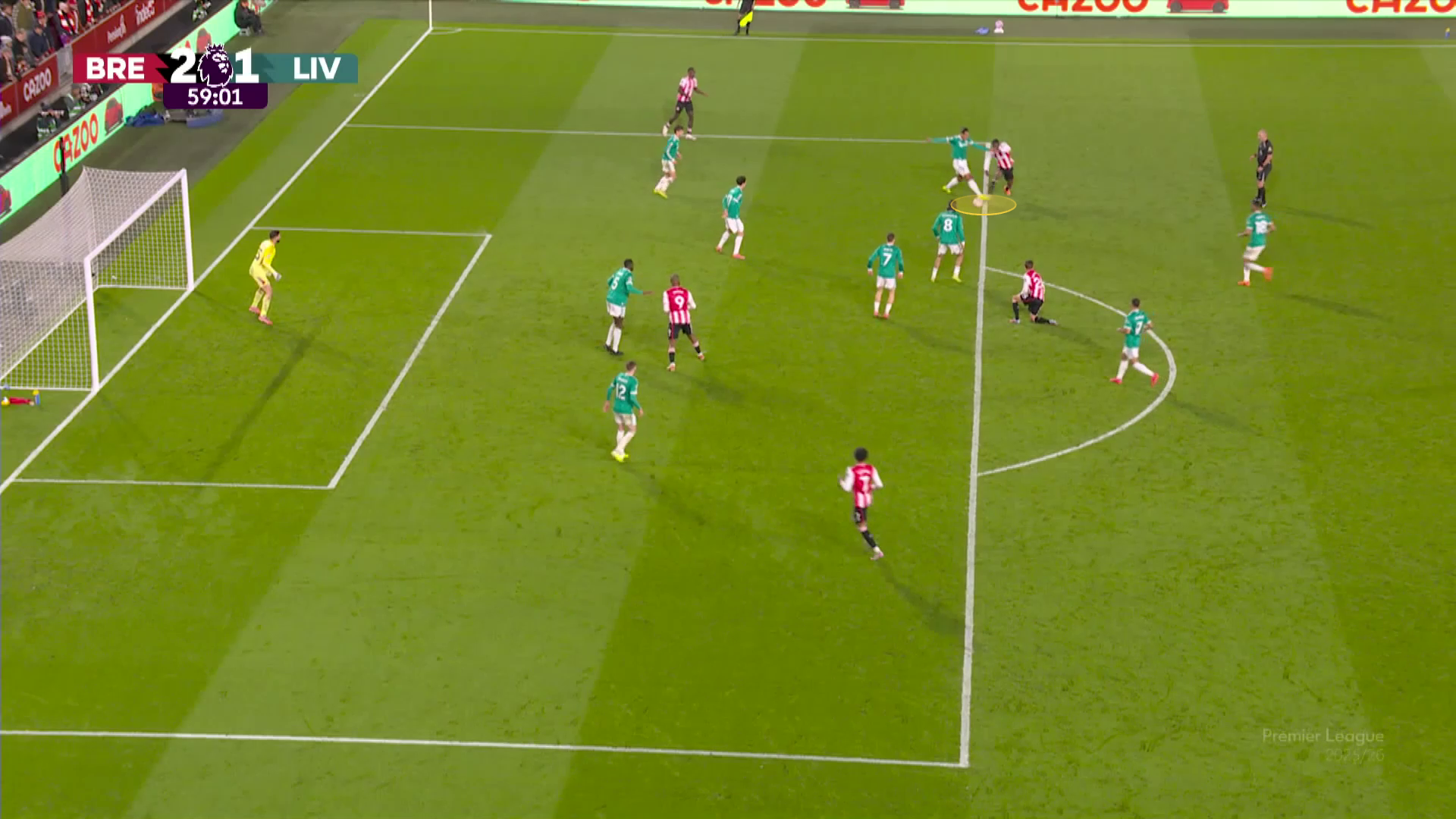 Screengrab from Brentford vs Liverpool this season showing Virgil van Dijk's foul that resulted in a Brentford penalty.