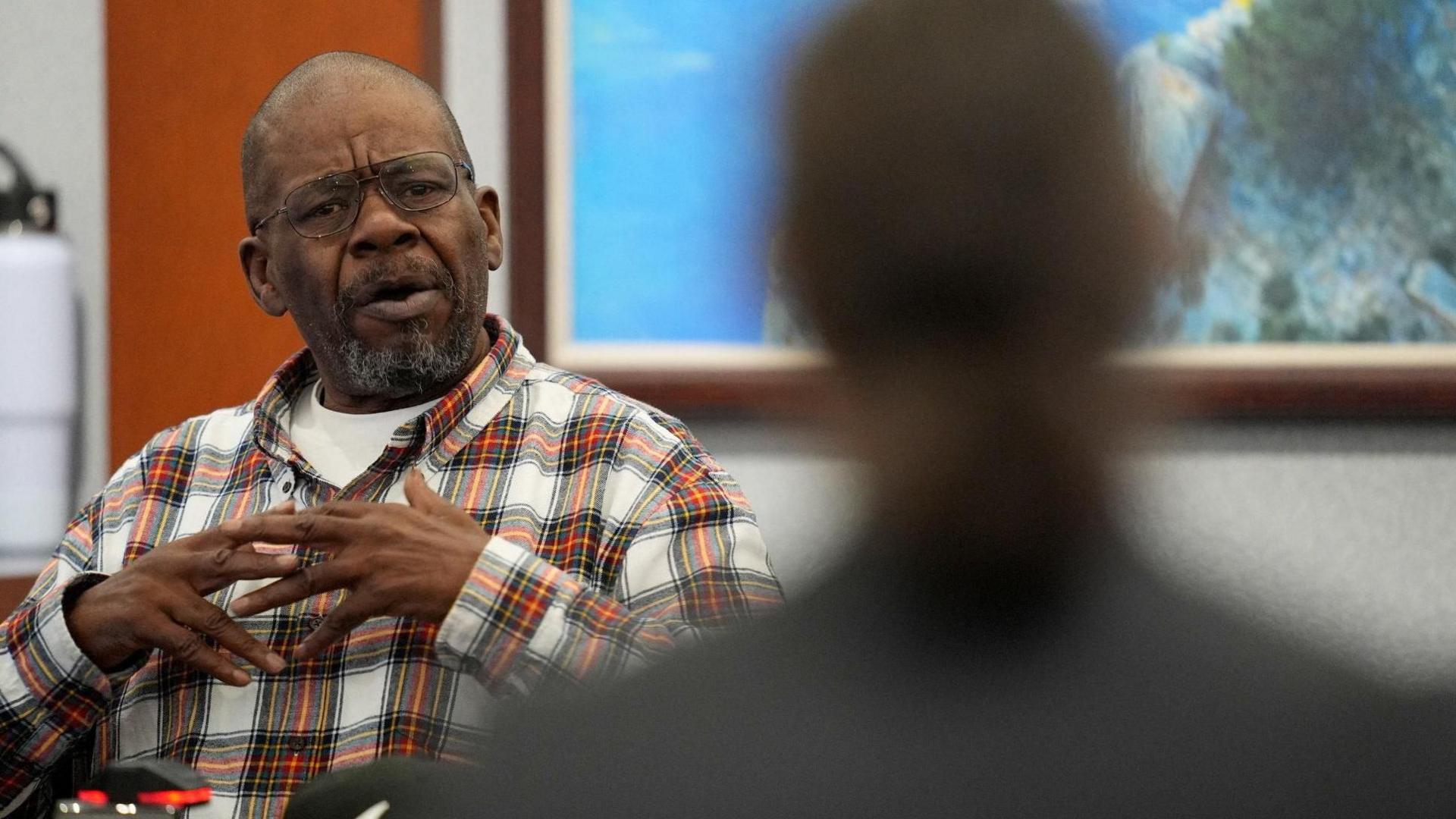Defense attorney Michael Sanft questions James McDonald during the murder trial of Duane “Keffe D” Davis related to the 1996 killing of rapper Tupac Shakur, at Clark County District Court Regional Justice Center in Las Vegas, Nevada on 18 August 2026.
