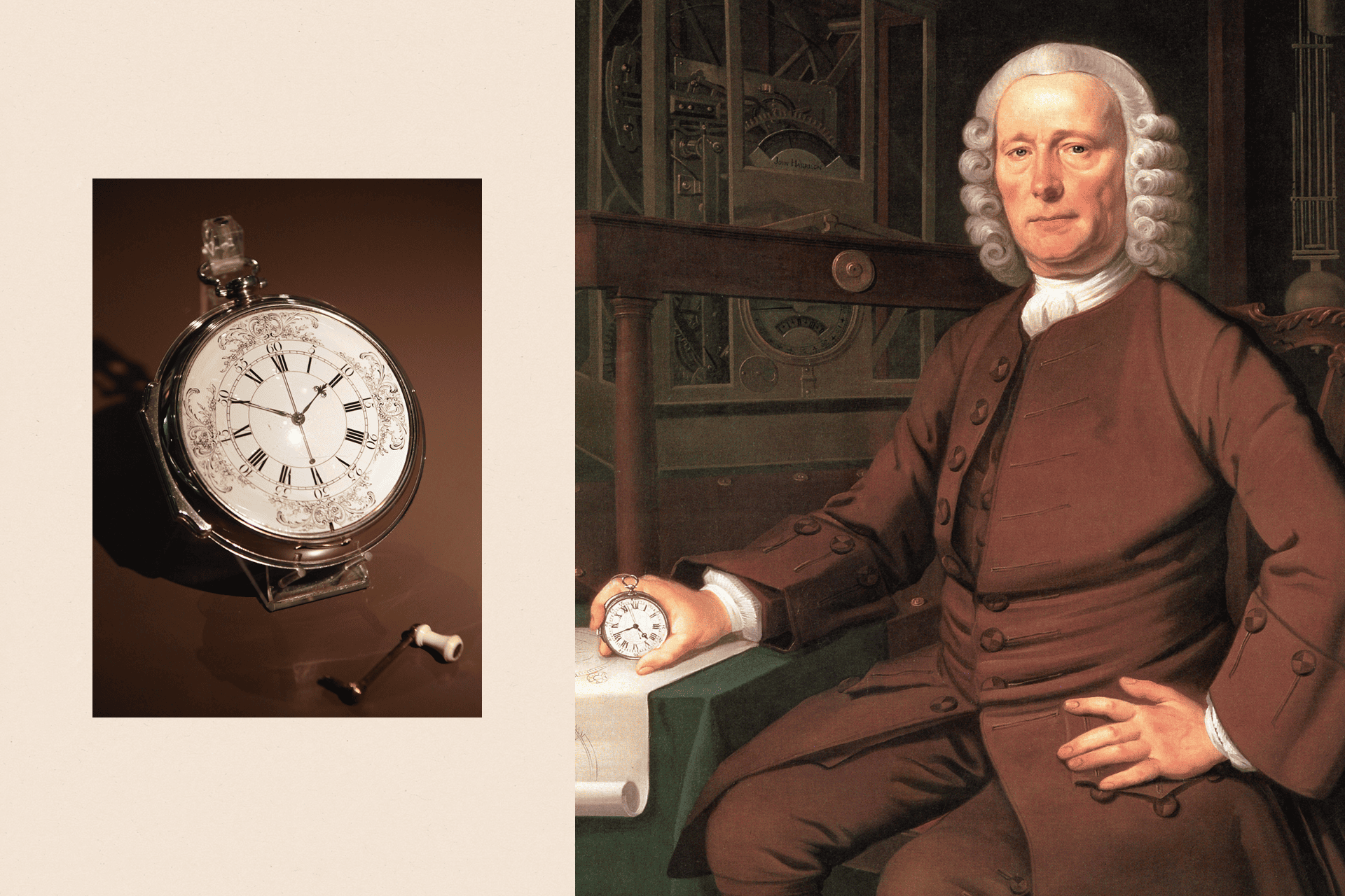 On the left, a close up of the Marine Timekeeper 'H4' watch made by John Harrison, and on the right, a portrait of John Harrison