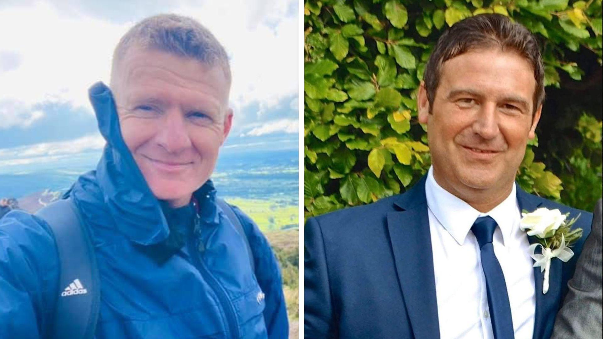Two images. On the left, a man with short red hair is wearing a blue waterproof coat and rucksack and is standing in the countryside. On the right, a man with short dark hair, who is wearing a white shirt, blue tie and blue suit with a white flower in the lapel, is standing in front of a hedge. 