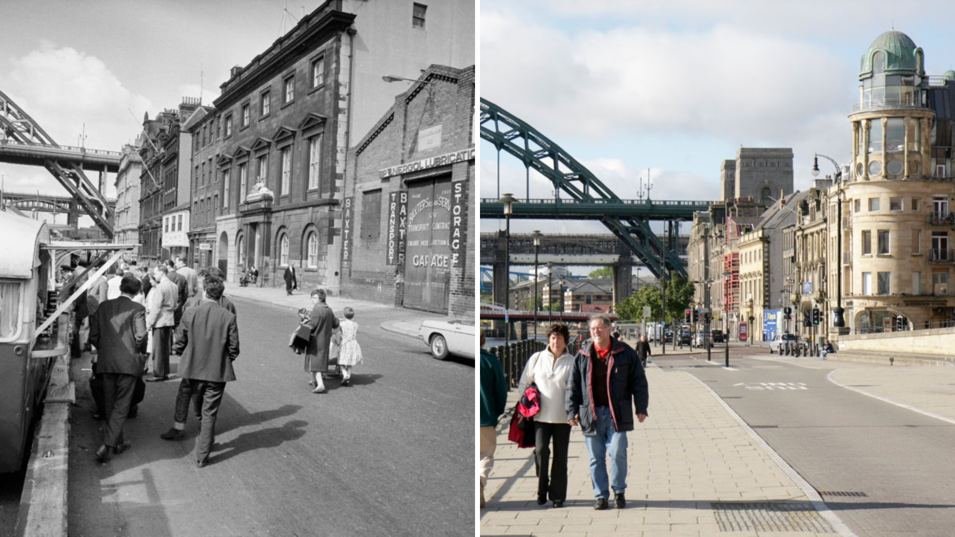 A composite image of Newcastle Quayside. On the left, is a black and white image off a garage on the riverfront and crowds of people standing on a road. On the right, a colourful image with much larger pavements and more tall buildings. In the background of both photos, is the corner of the Tyne Bridge.