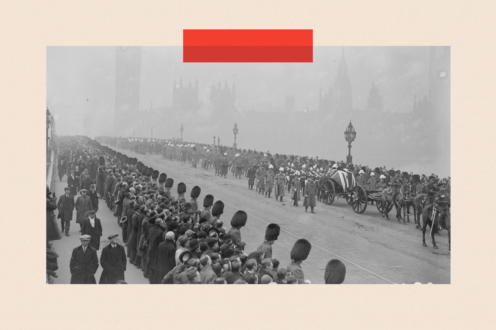 February 1928: The funeral procession of Earl Haig, the gun carriage bearing his coffin is draped with a Union Jack and soldiers in bearskins line the pavement
