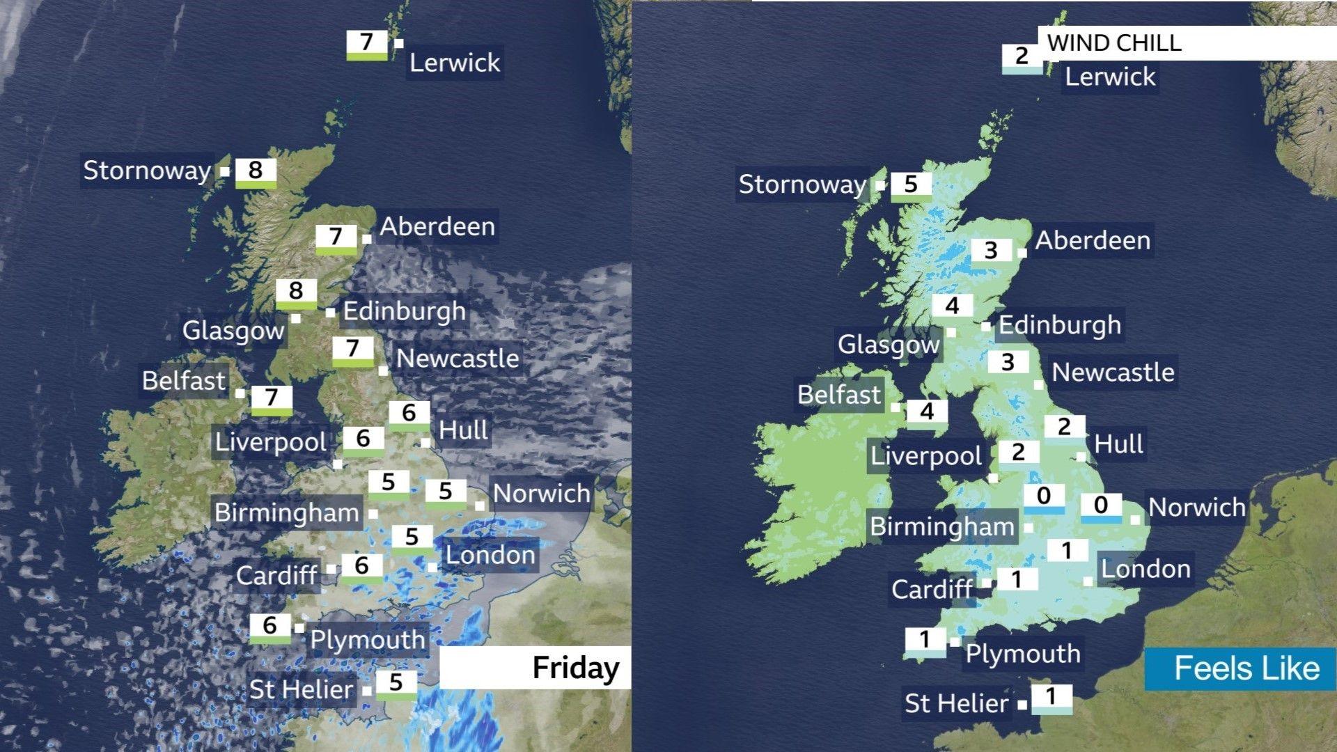 Two maps of the UK with actual temperatures of 5 to 8 Celsius on the left and 'feels like' temperatures of 0 to 5 Celsius on the right.