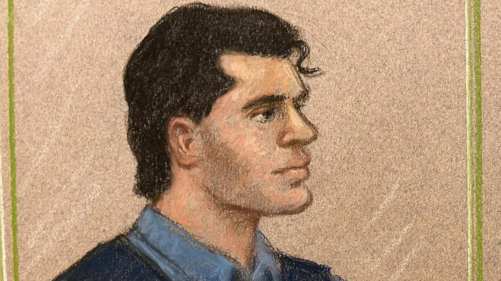 A court sketch of Daniel Khalife, who has short black hair and wears a blue shirt.