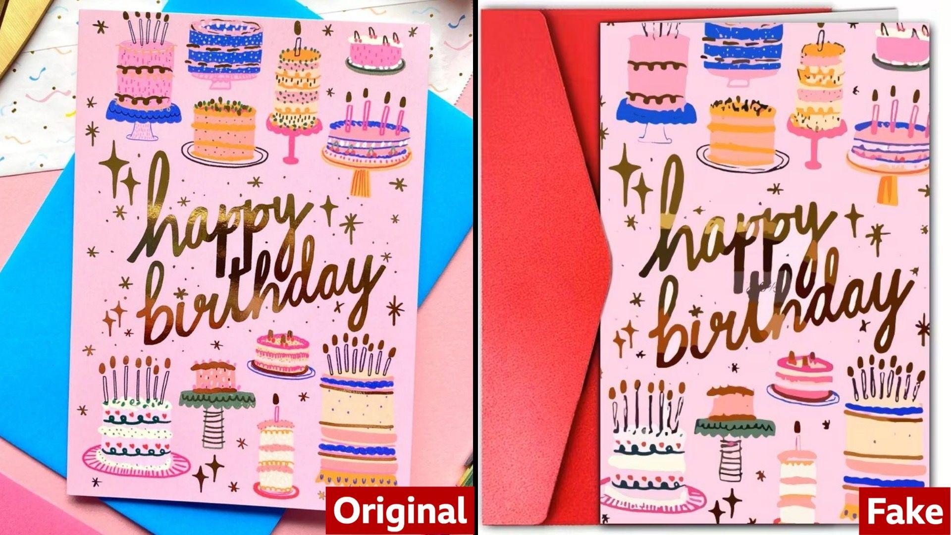 Pink birthday cake cards with colourful cakes. 