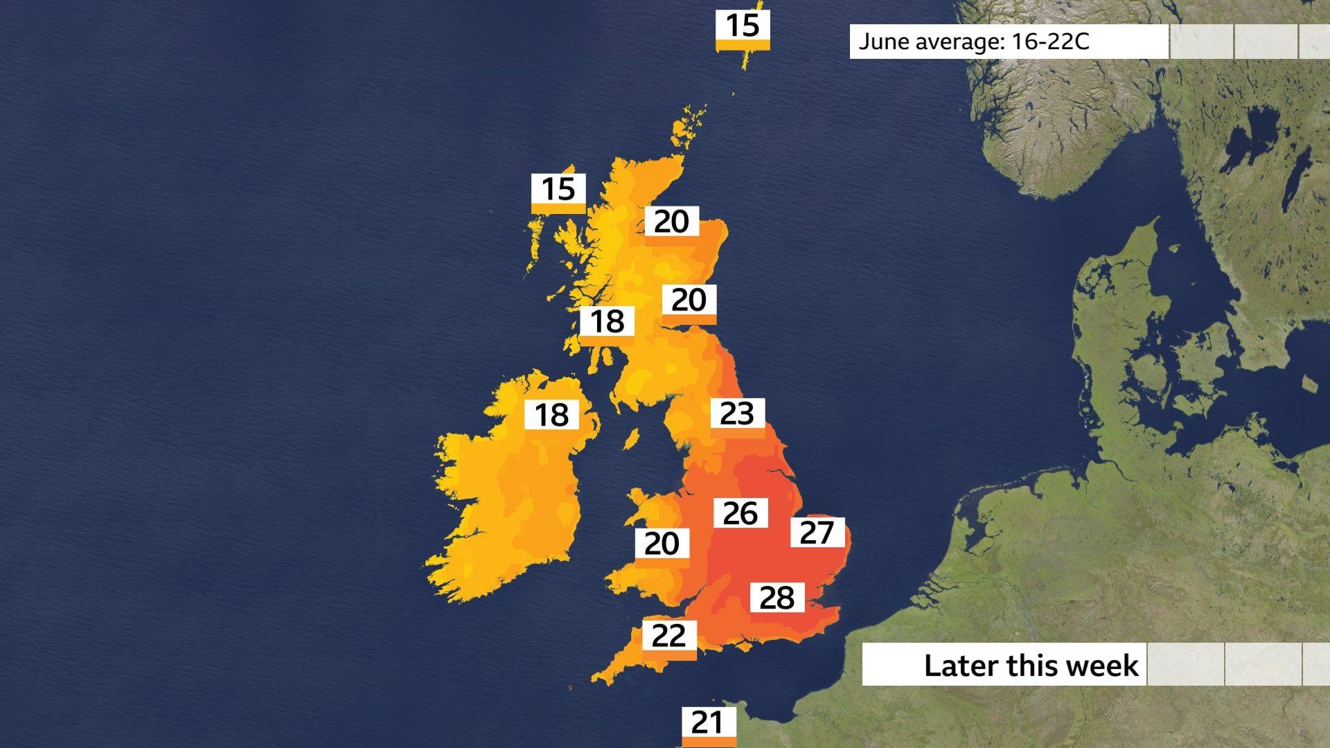 UK temperature map for later this week shows highs of 15 to 22 Celsius in the west, 20 to 28 Celsius in the east.