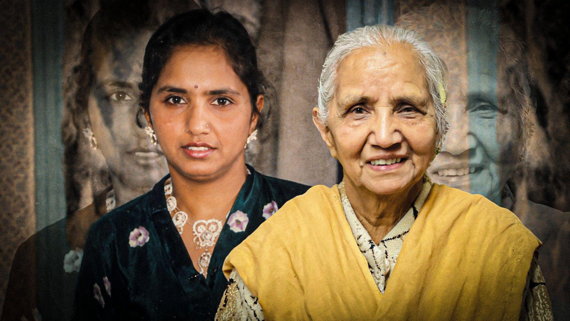 A younger mentation    of the pistillate   stands beside an older mentation    of herself.
The younger aforesaid   wears a greenish  patterned outfit with jewellery, portion    the older aforesaid   wears a yellowish  shawl implicit    a patterned top, with faded larger copies of some  down  them.