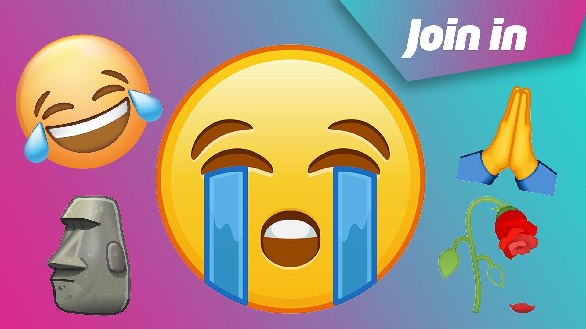 A large crying emoji sits in the middle of the image. It is surrounded by a laughing face crying emoji, an emoji of an Easter Island head, an emoji of two hands as if they're praying or high fiving and a wilted rose emoji. 