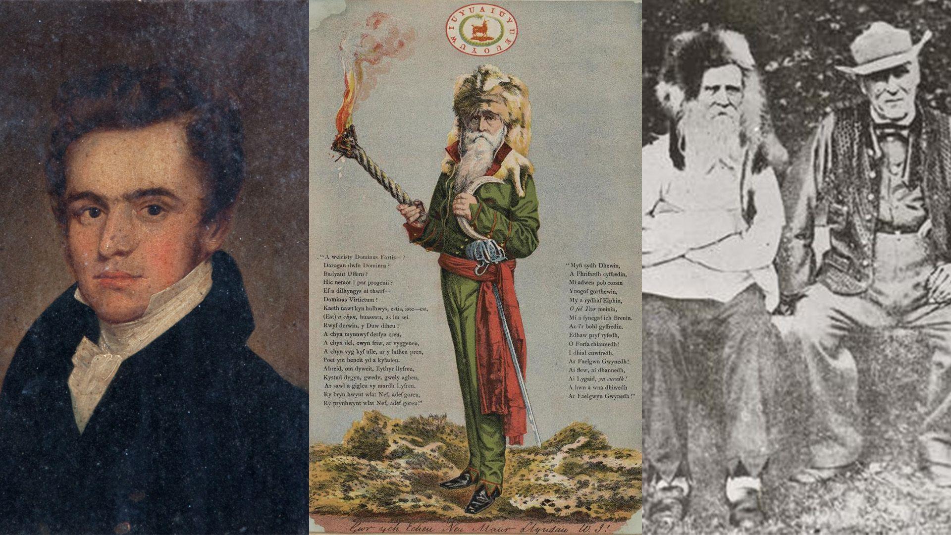 Tri llun gwahanol: William Price fel meddyg ifanc, portread o William Price (c.1870) a William Price gyda'i ffrind Robert Anderson 