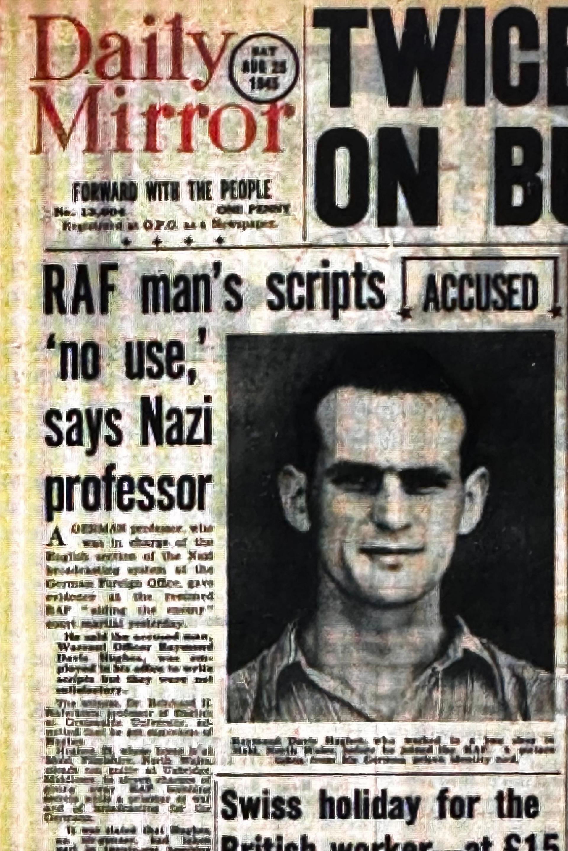 The red masthead of the Daily Mirror above a headline proclaiming that RAF man's scripts 'no use,' says Nazi professor. There is a black and white image of Davies Hughes to the right of the headline.