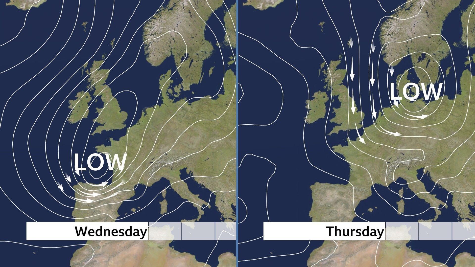 Two pressure charts for western Europe, one showing the position of the low centre and strongest winds on Wednesday centred on the Bay of Biscay, and the other showing the same for Thursday centred approximately on Denmark.