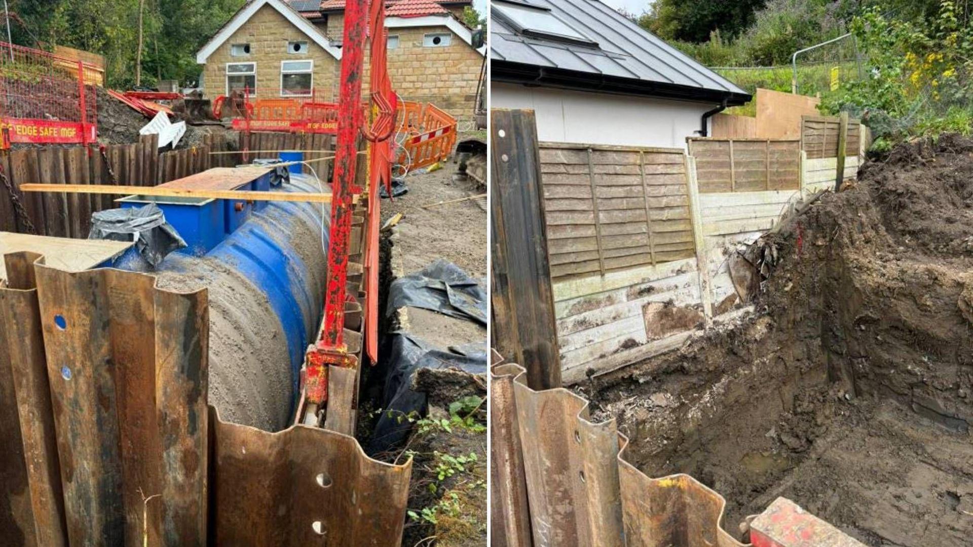 A water tank as it is being lowered into the ground and a picture of the hole dug into the ground to house the tank