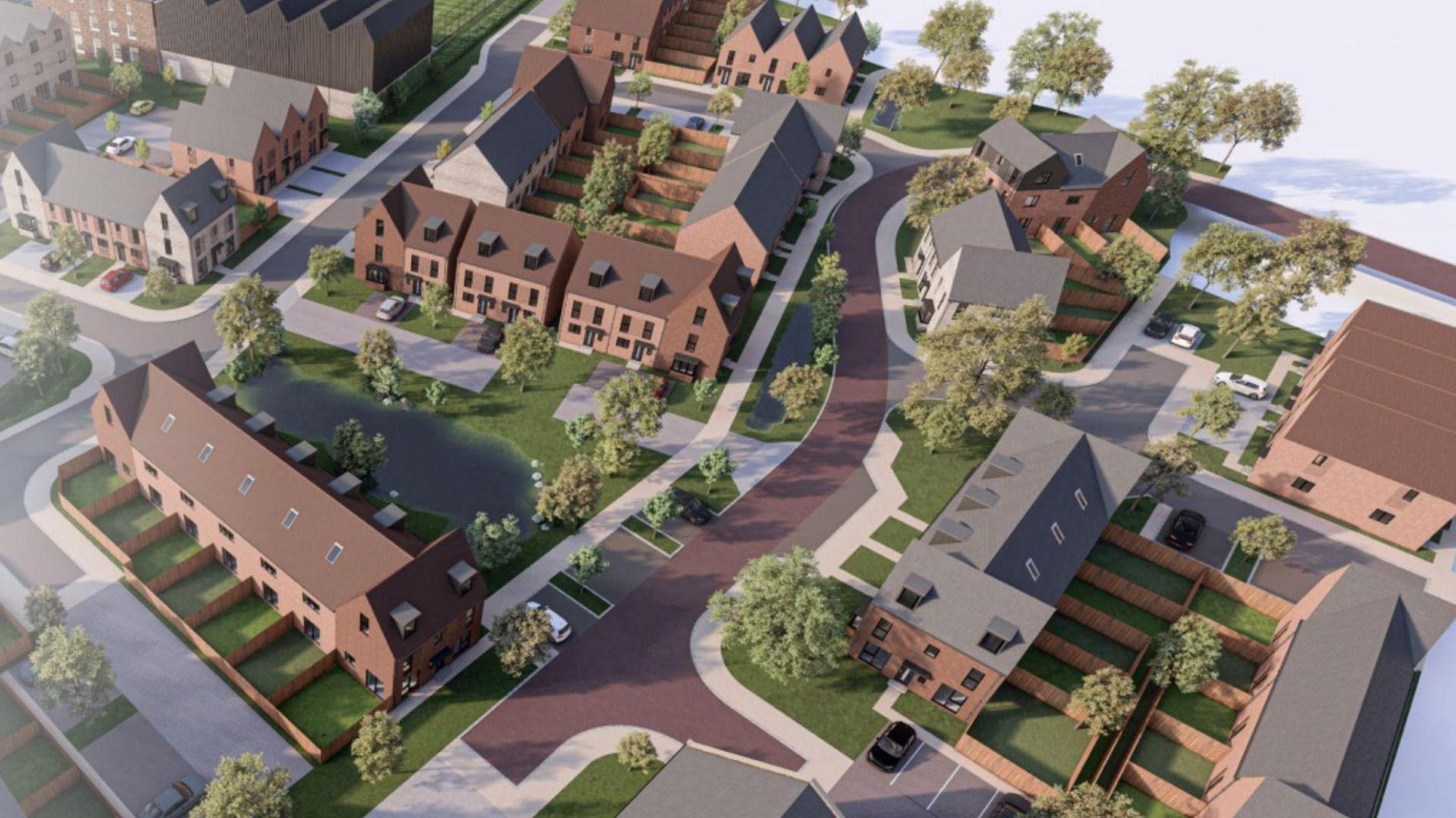 A computerised image of a new housing estate, complete with homes, roads and green space. 