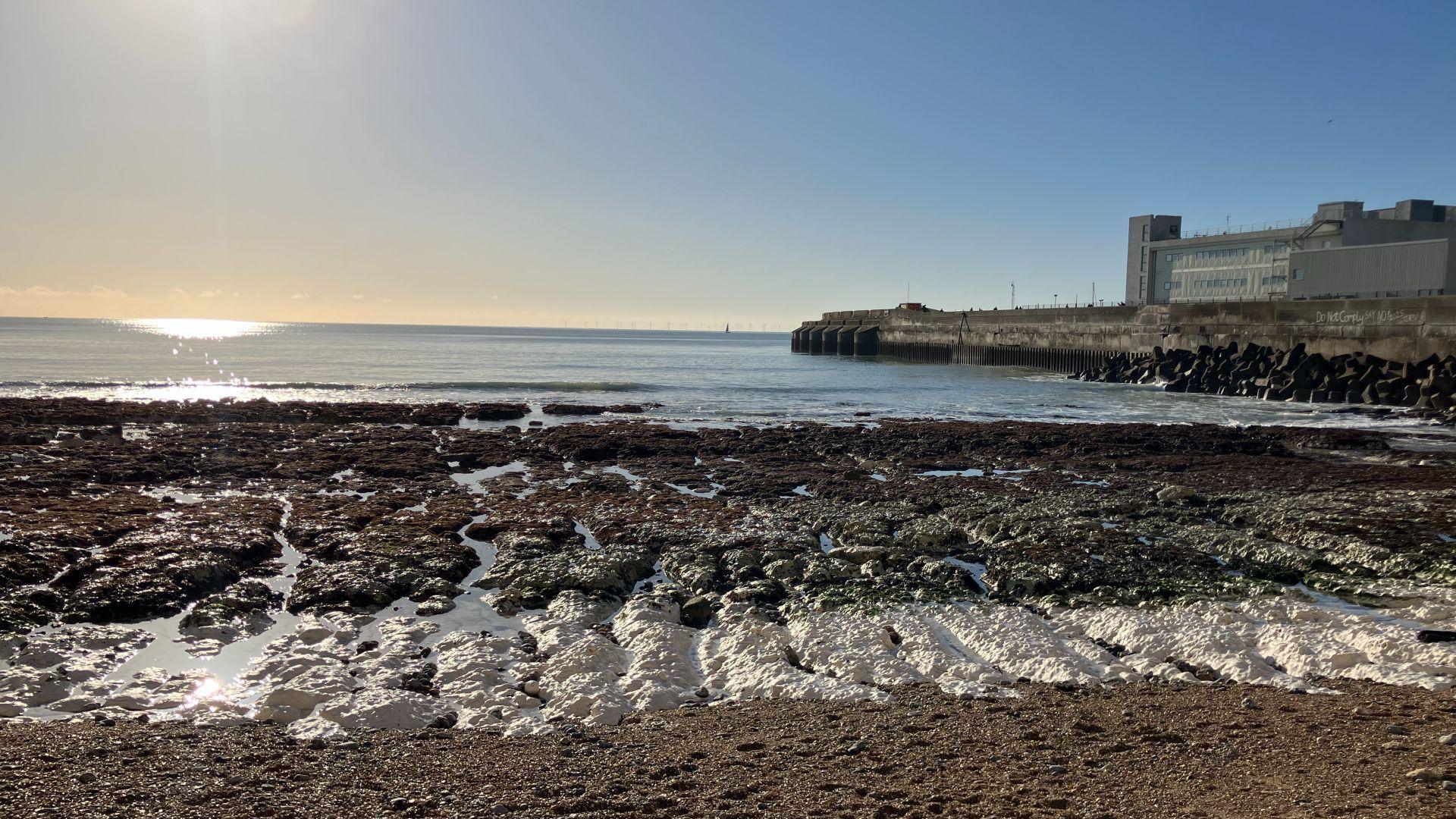 A rocky beach with the sun setting. 