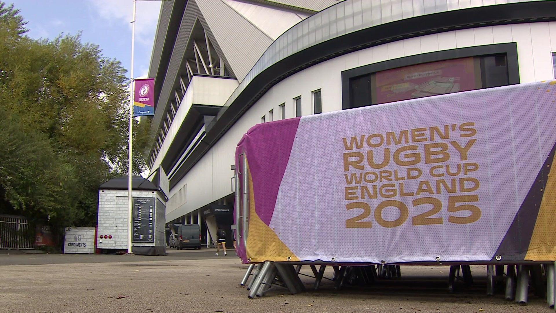 Ashton Gate stadium with a purple, gold and white sign that says Women's Rugby World Cup England 2025.