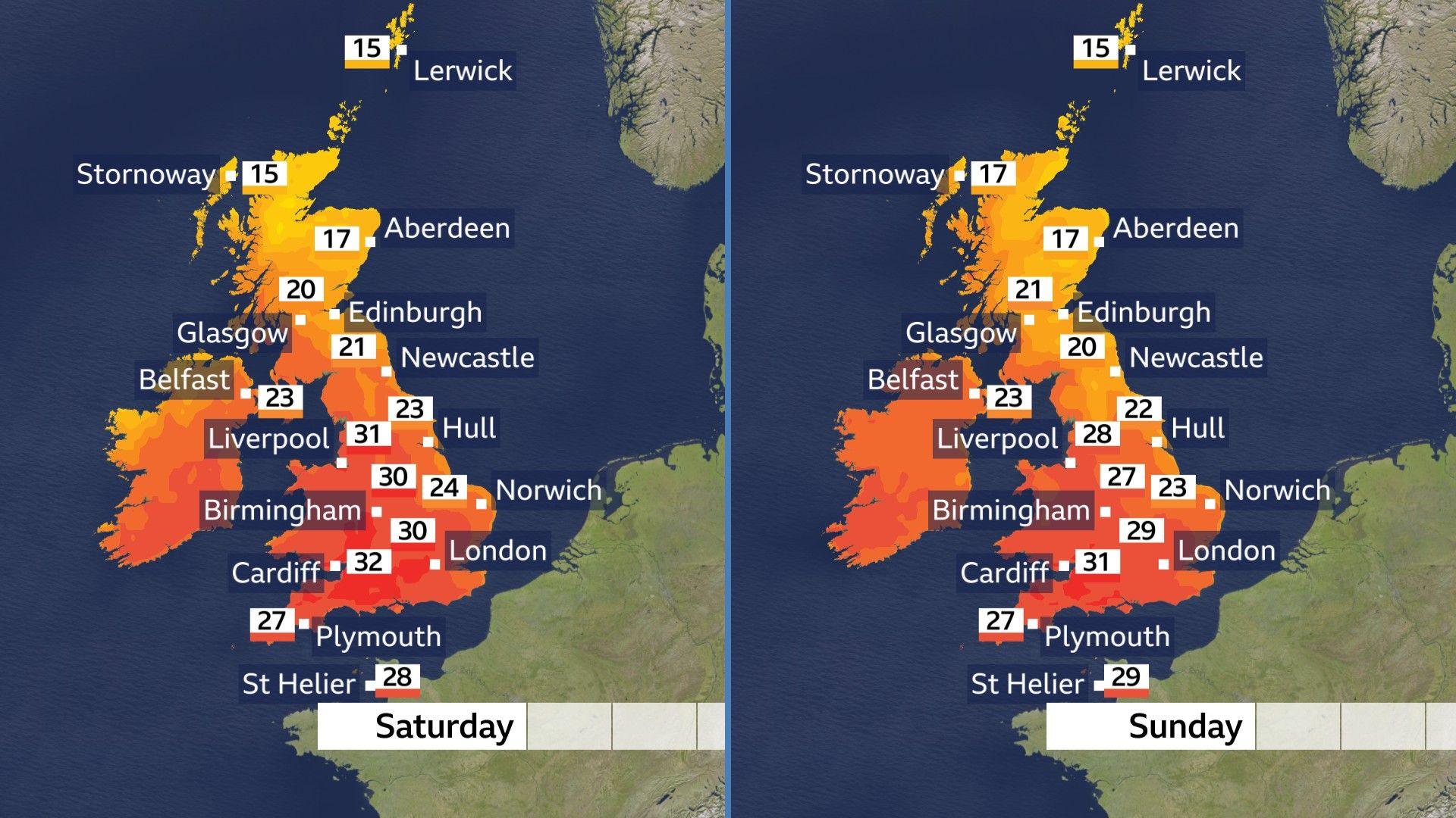 Two weather maps of the UK showing maximum temperatures peaking at 32C on Saturday and 31C on Sunday