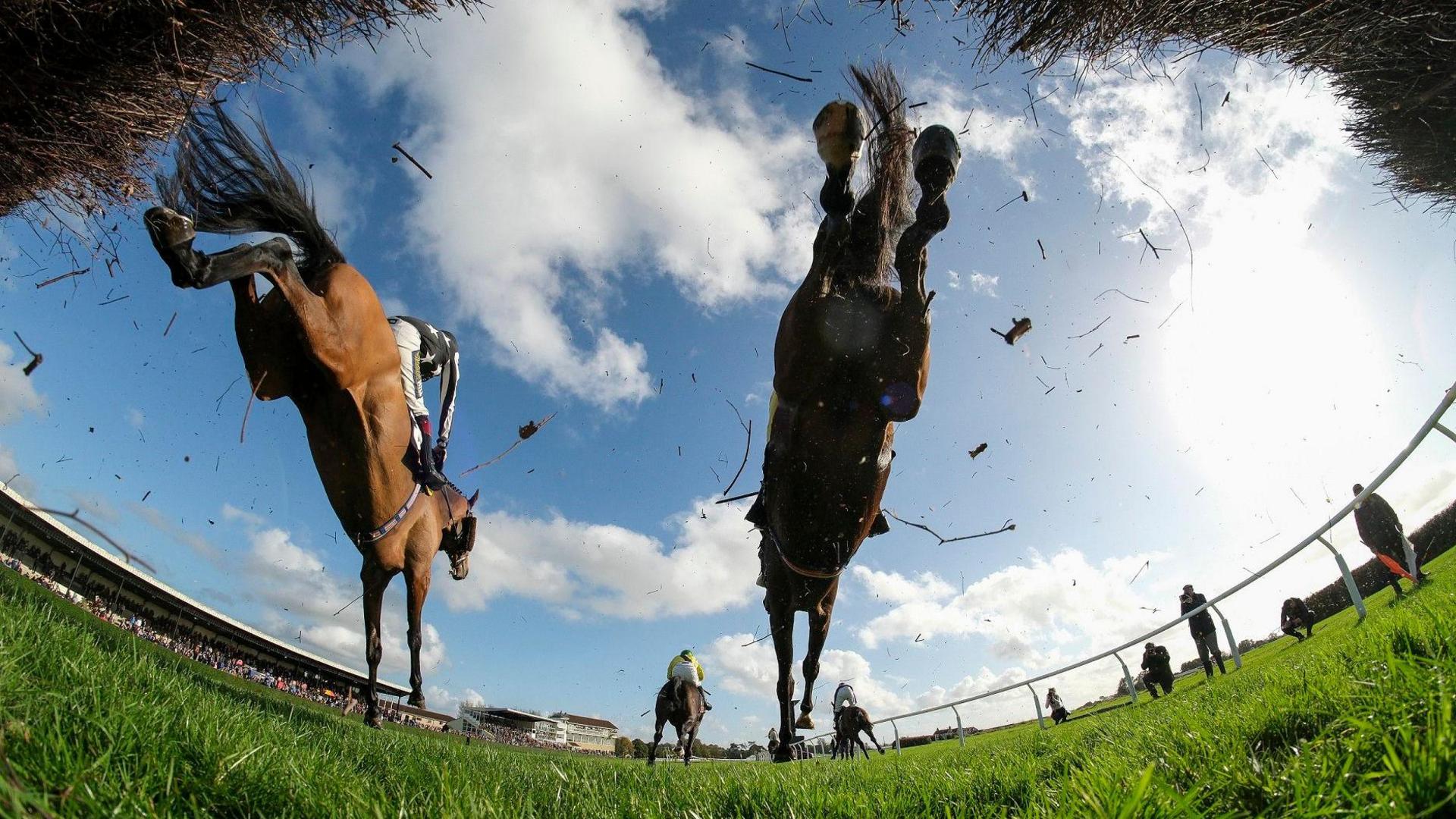 A fish-eye style image of horses landing after jumping the final fence at Wincanton Racecourse in Somerset