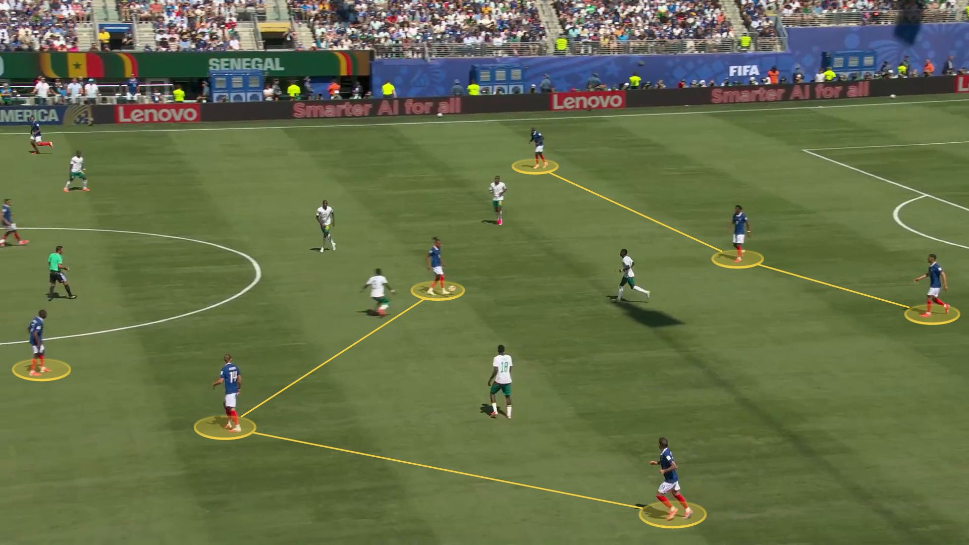 A screengrab of France v Senegal with France in possession