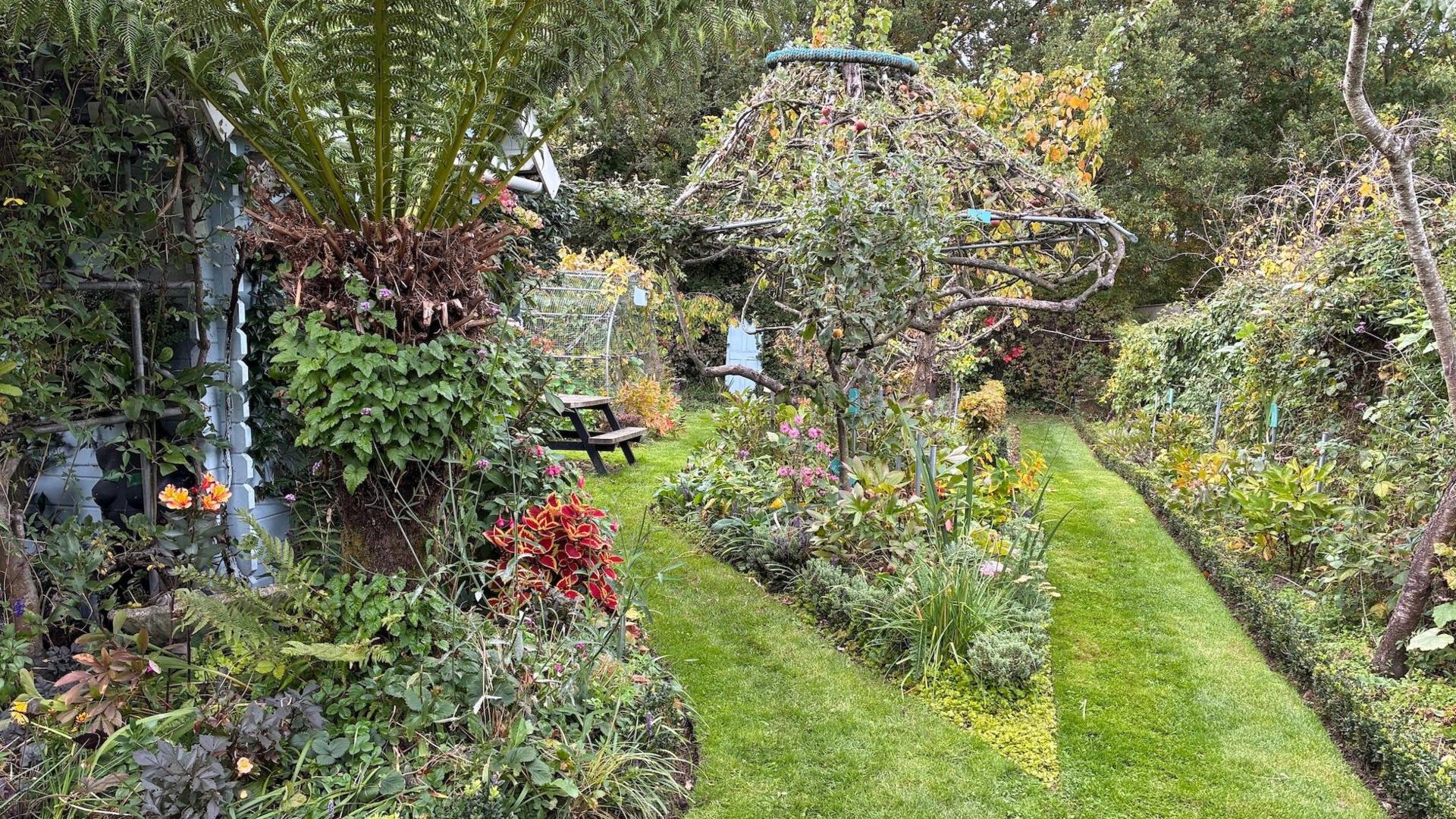 A densely planted plot with green striped grass, fruit trees, flowers, and vegetables growing next to each other. 