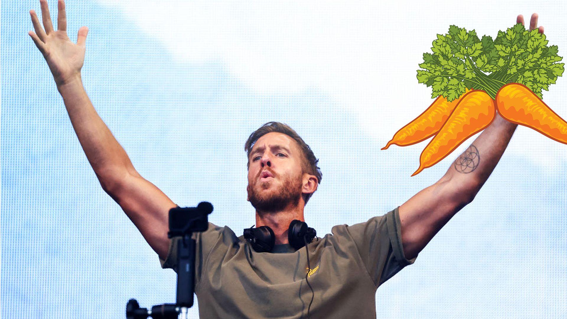 A composite image of Calvin Harris DJing with arms raised up and headphones round his neck and an illustration of a bunch of carrots in his left hand