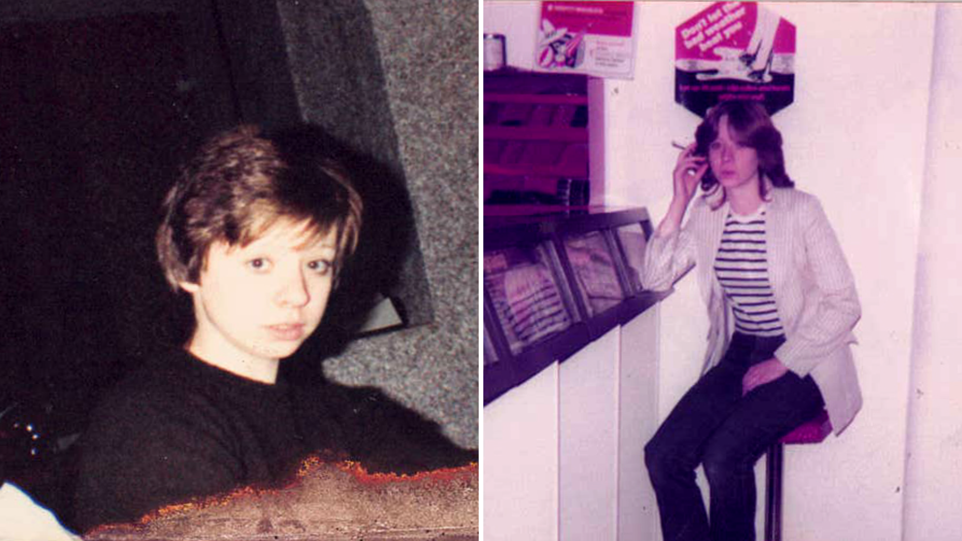Kathleen when she was a teenager. There are two images. In one she is wearing a white coat and is smoking while sitting on a high stool. In the other image she looks very young. She has short hair and is in a dark room. She is staring at the camera with a serious expression.