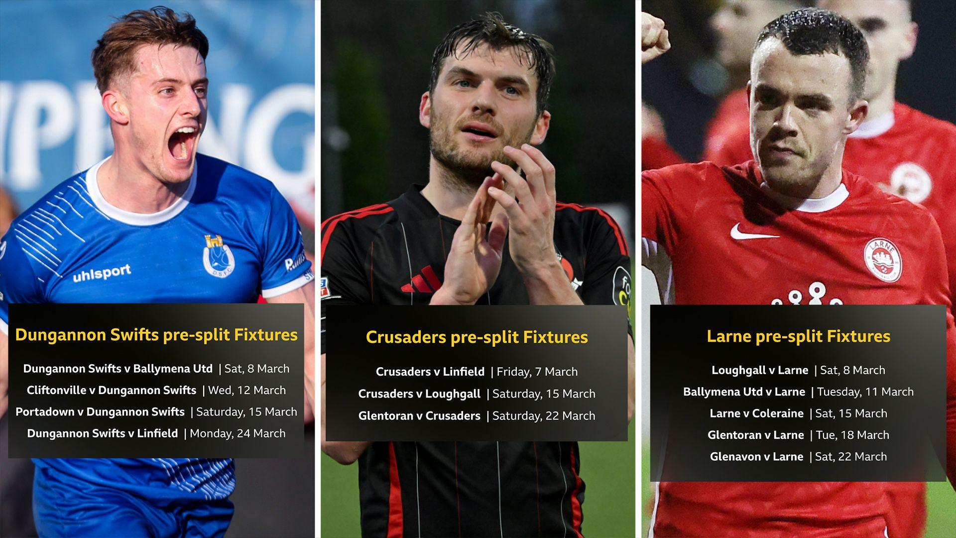 The remaining pre-split fixtures of Dungannon Swifts, Crusaders and Larne