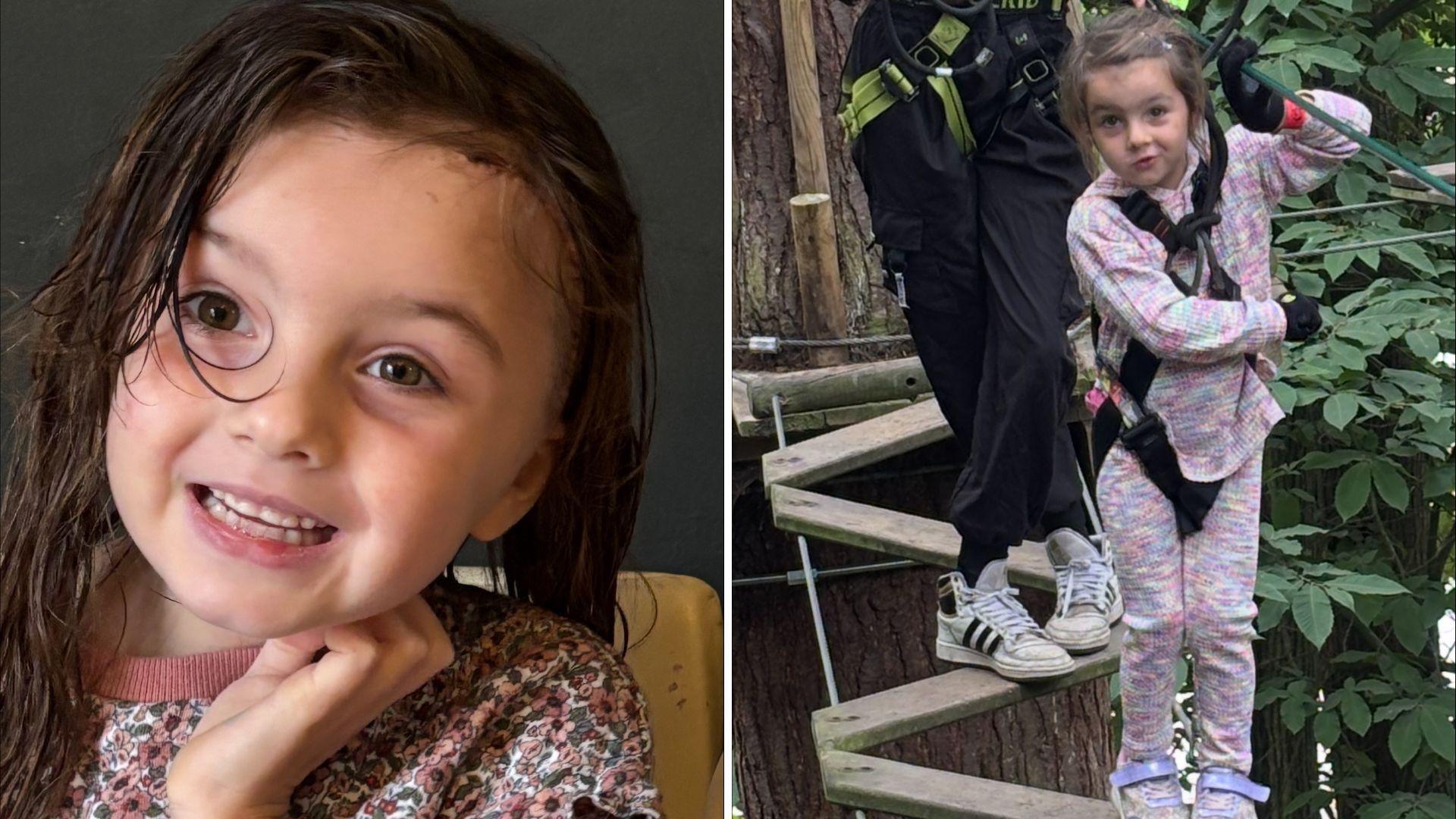 One picture of a girl smiling while looking past the camera, the second picture is her on a trail high up in the trees with a multi coloured outfit on