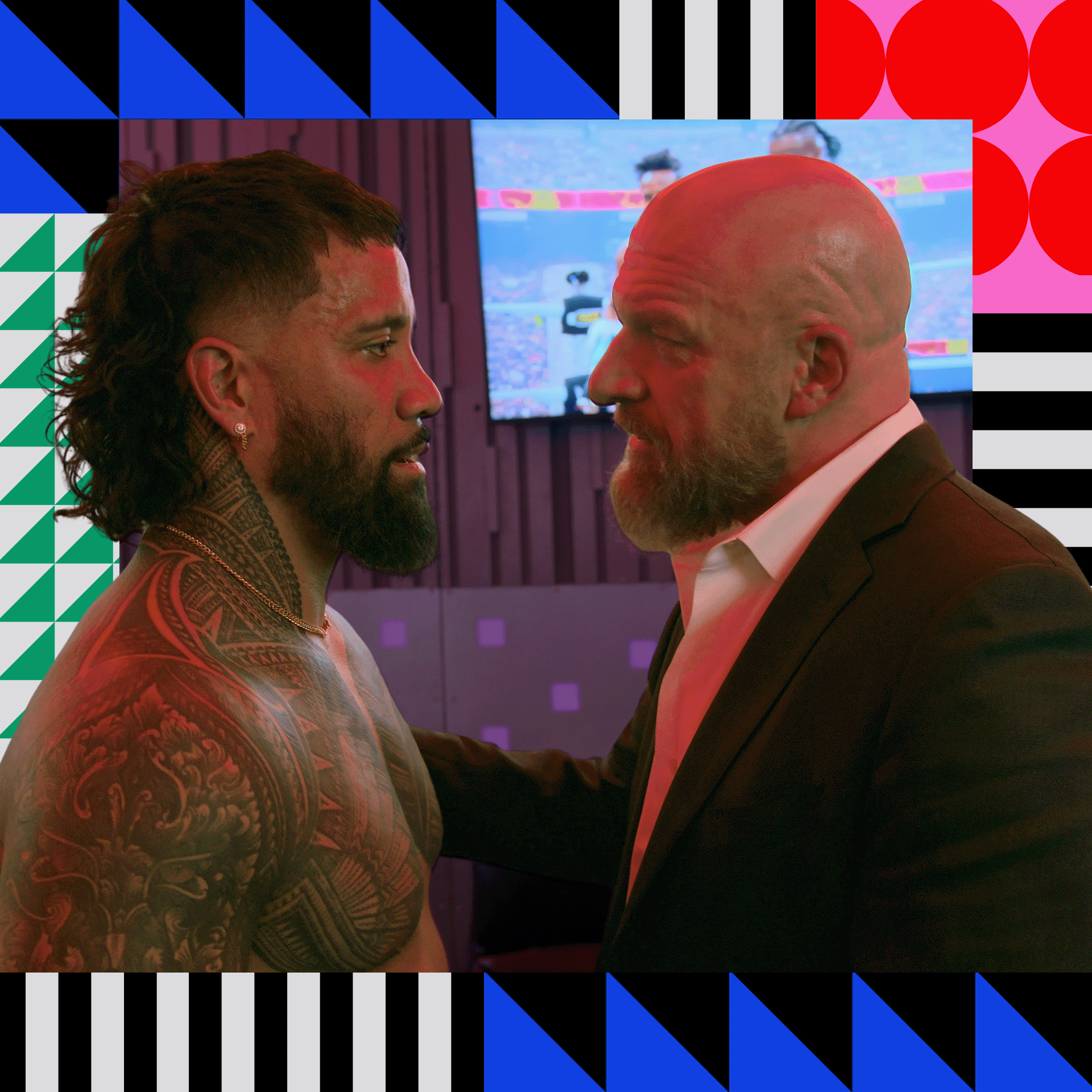 A picture of two men facing each other, from the new WWE series