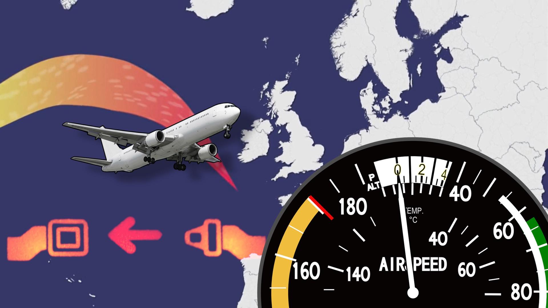 Map showing the UK with a graphic illustrating the jet stream with a plane, seatbelt sign and speedometer.