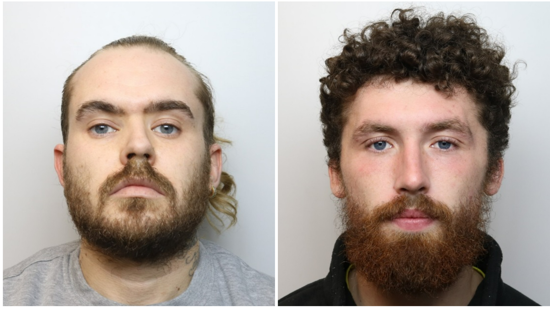 Mugshots of two bearded men with dark hair - one wearing a grey top and the other, a black jacket.