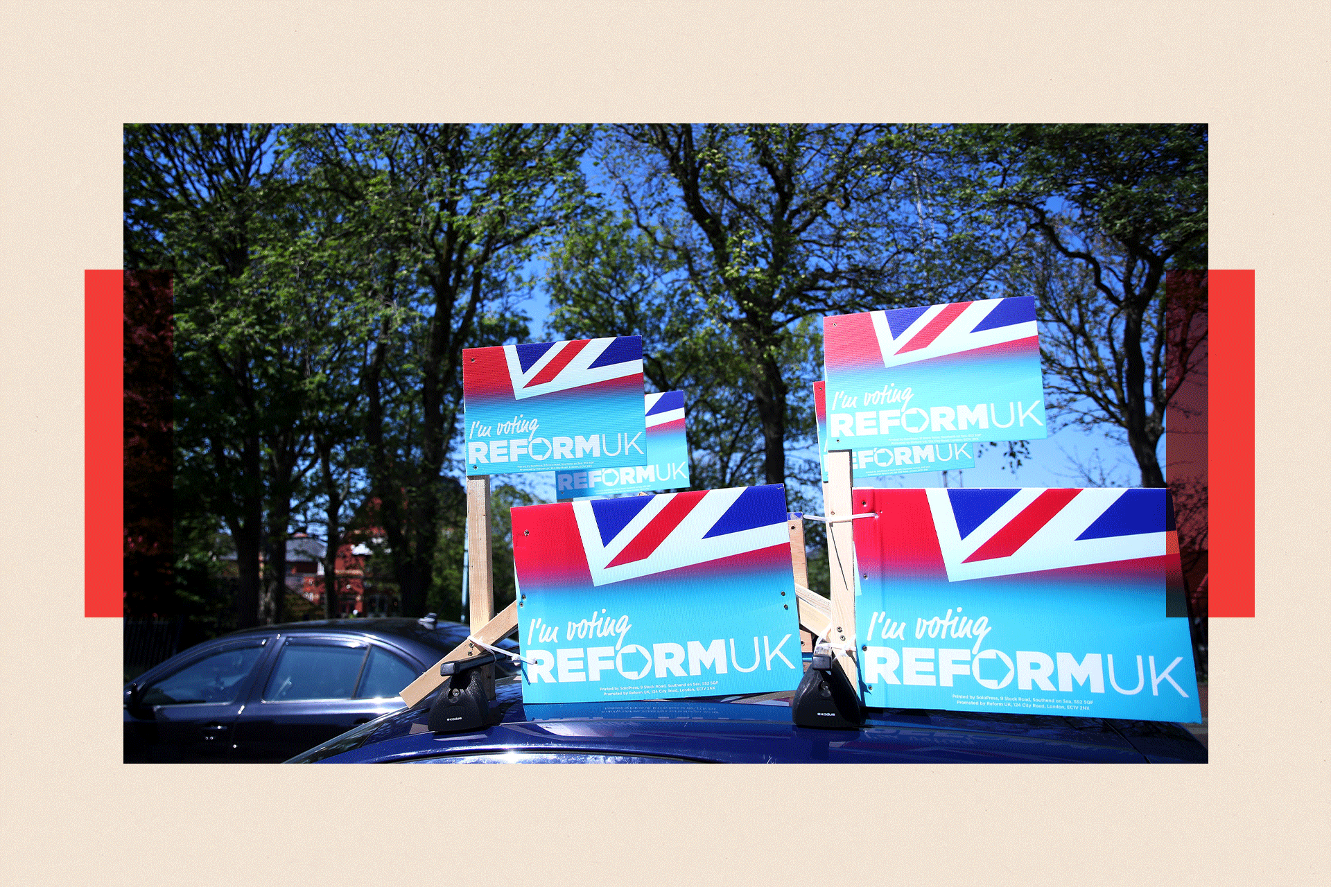 A car with Reform UK signage in St. Annes