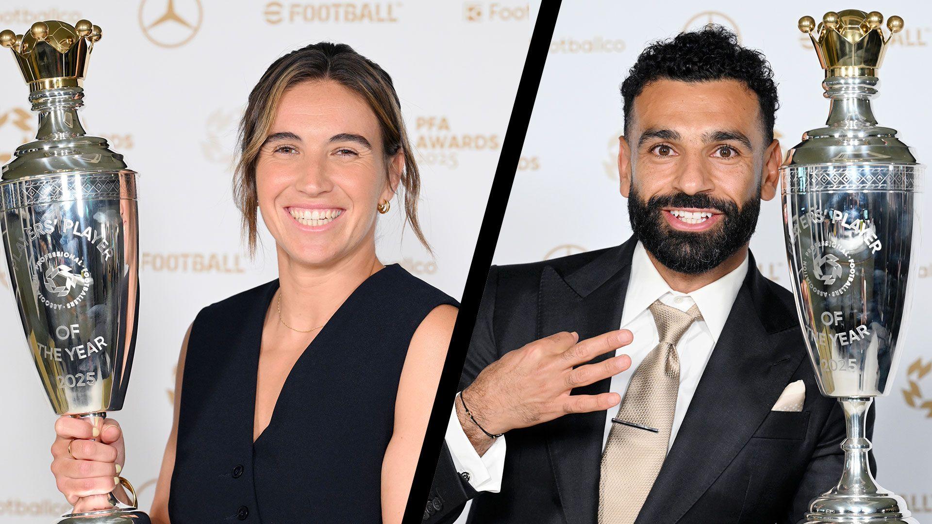 Two images of players holding a large silver trophy, Mariona Caldentay and Mo Salah