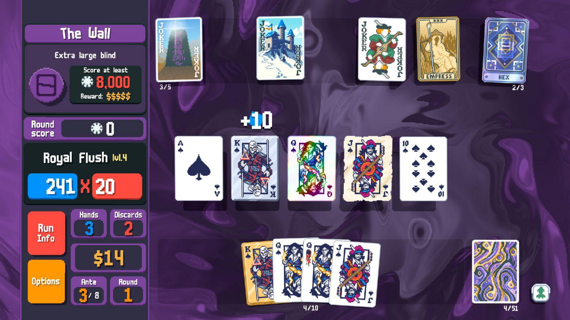 A video game screen shows several cartoon versions of playing cards. The writing on the left indicates it is a royal flush, which is worth several points. 