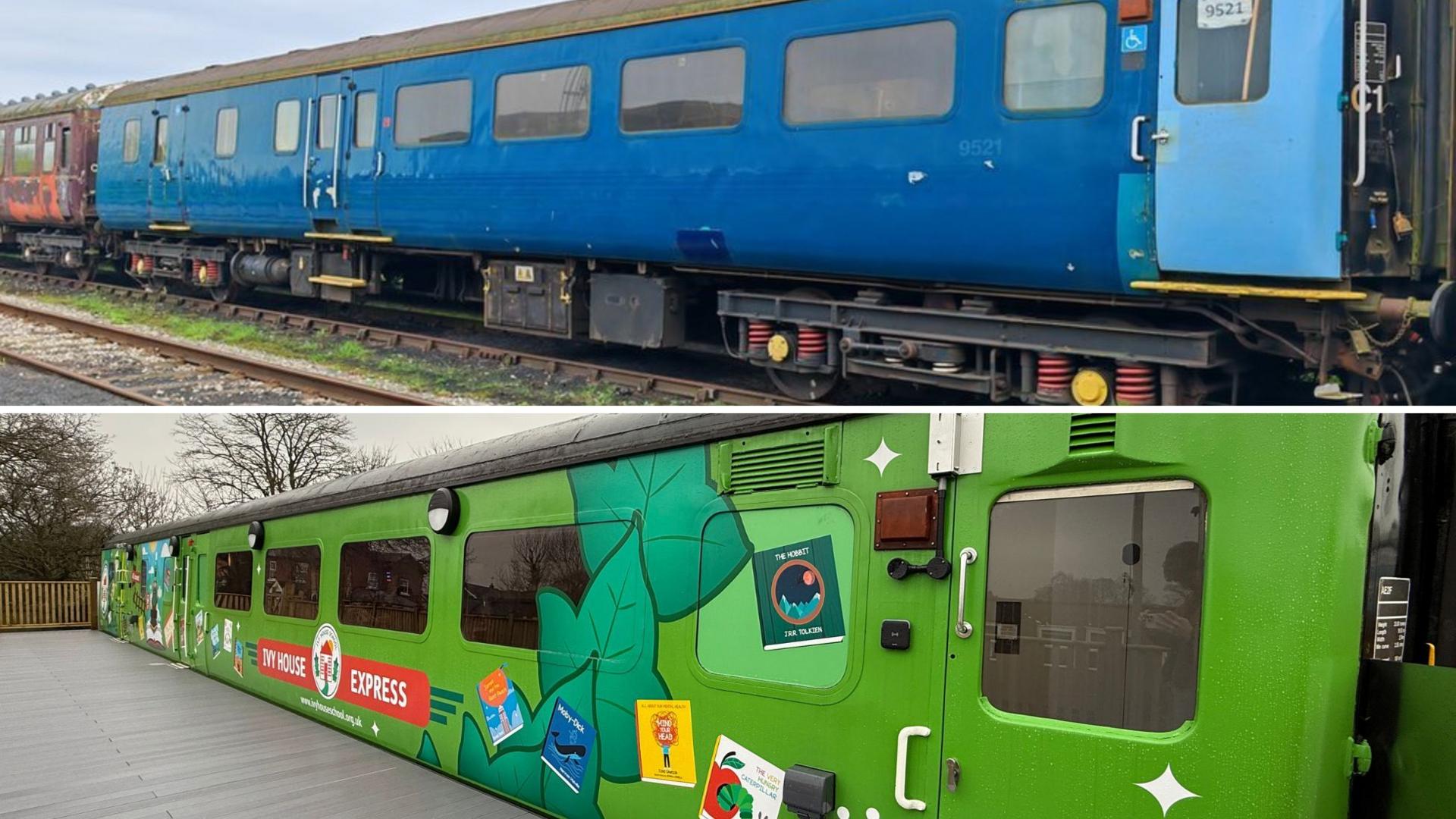 Photos of a train carriage before and after it was converted into a school's library. In the top photo, the carriage is blue and tired looking on a train track. The bottom photo shows the carriage painted green with images of books on. 