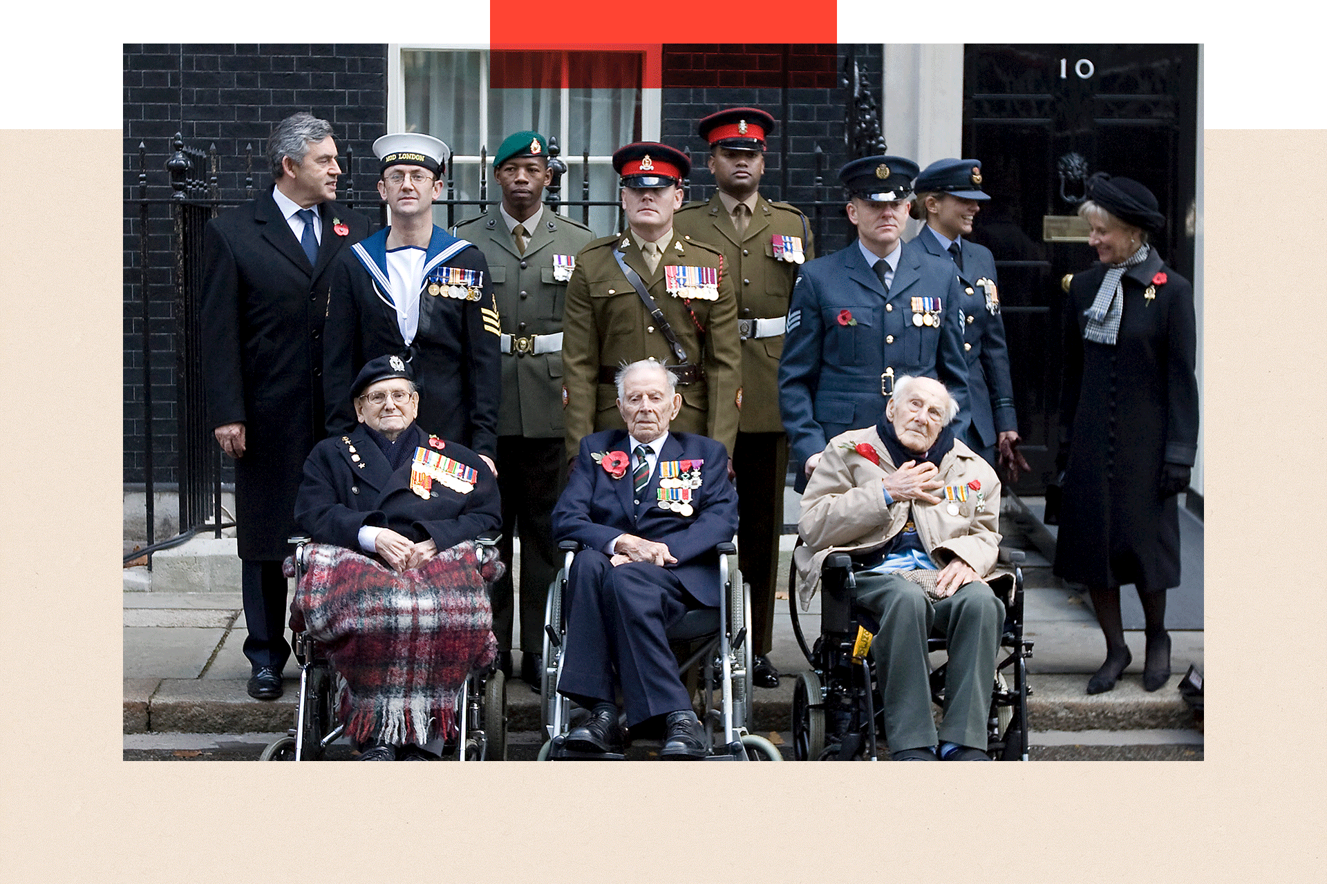 Then-Prime Minister Gordon Brown (Top L) poses for pictures with First World War veterans Bill Stone (Foreground L) Harry Patch (Foreground C) and Henry Allingham (Foreground R) and other military personnel outside Downing Street in 2008