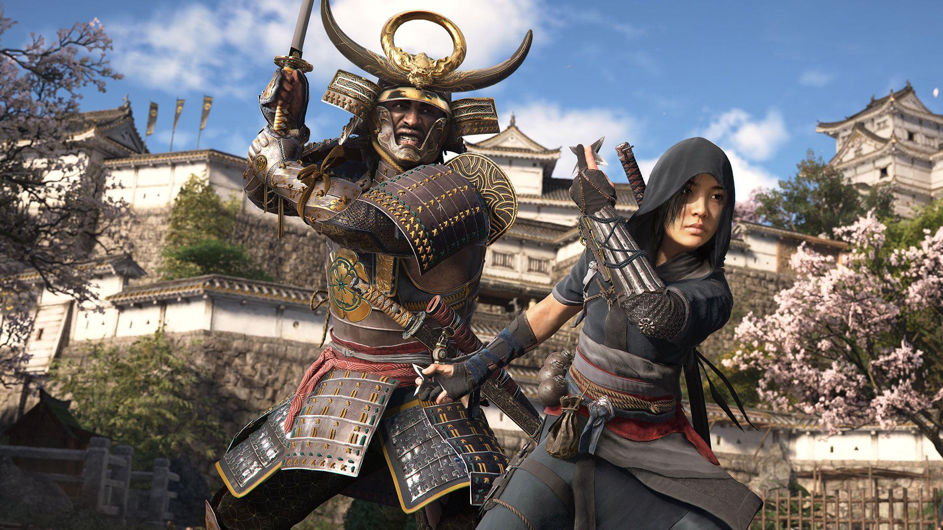 Screenshot shows two characters in the garden of a white Japanese castle as both adopt battle stances. One is a hulking warrior in bulky samurai armour and a horned golden helmet, holding a katana high and ready to strike. In front of him, a female ninja holds a throwing star in each hand, ready to launch them.