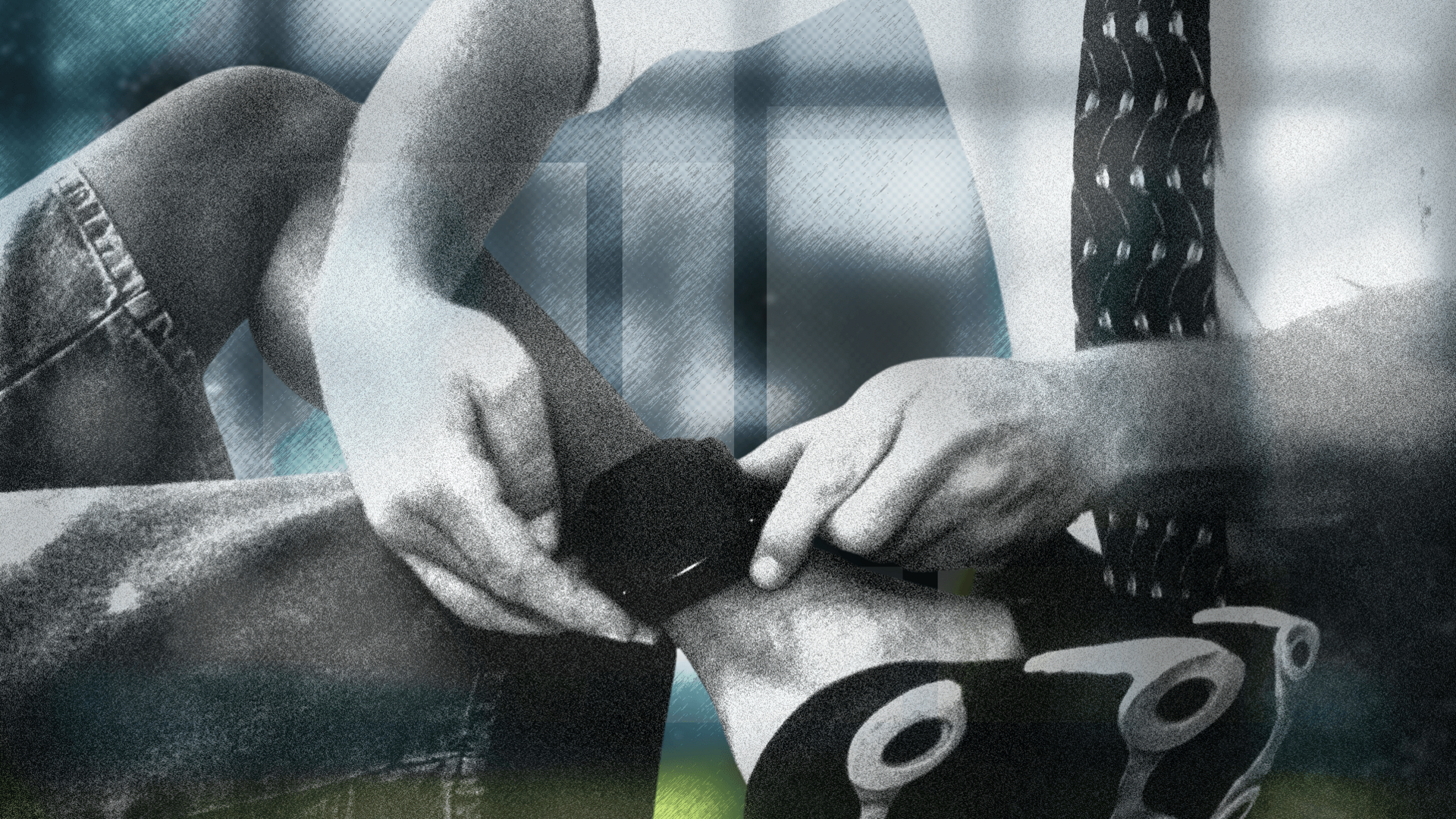 Designed graphic showing a man fitting an ankle tag to another man's leg.  Electronic monitoring (known as ‘tagging’) is used in England and Wales to monitor curfews and conditions of a court or prison order.