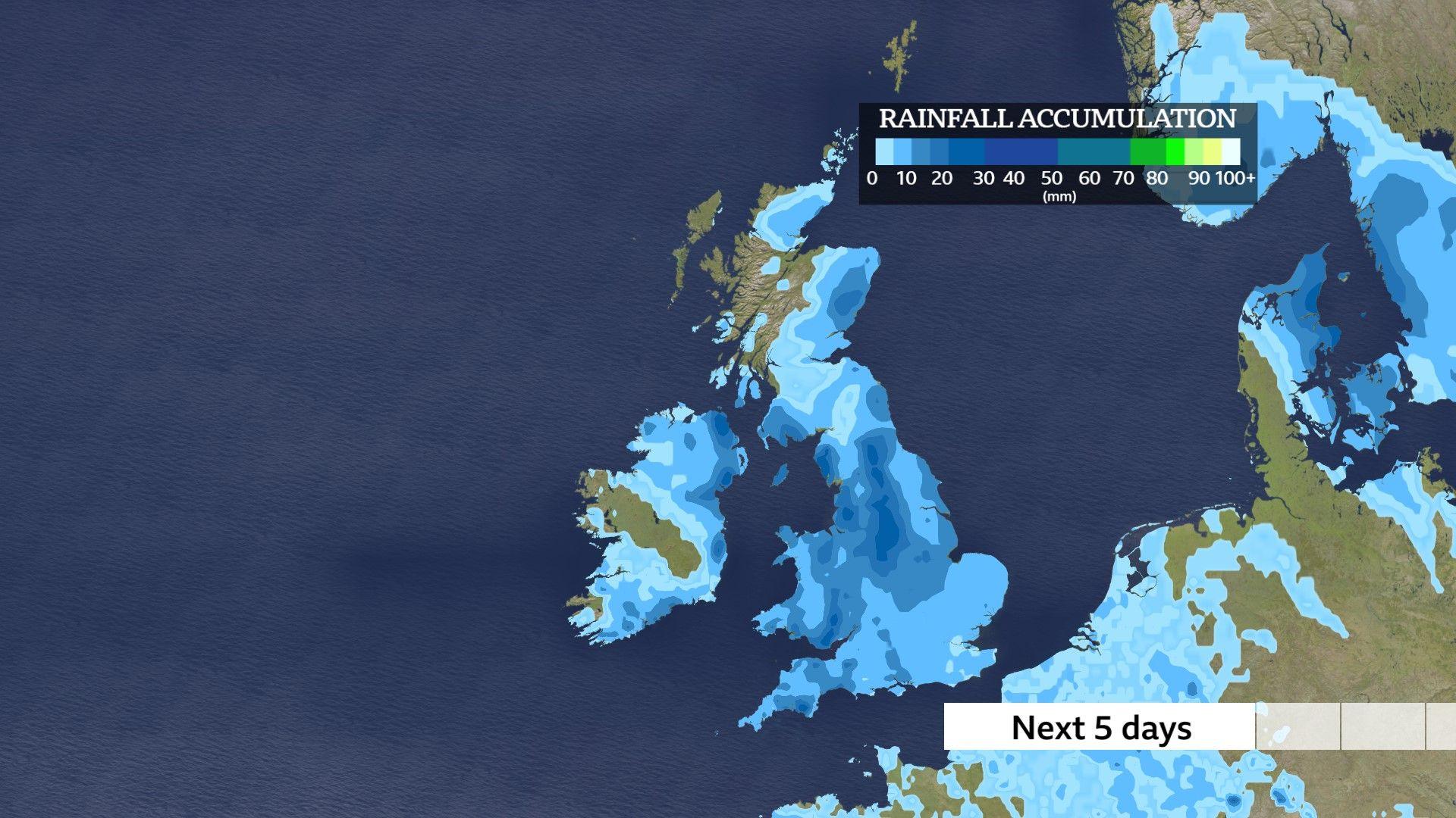 Map of UK in different shades of blue according to how much rainfall an area will get