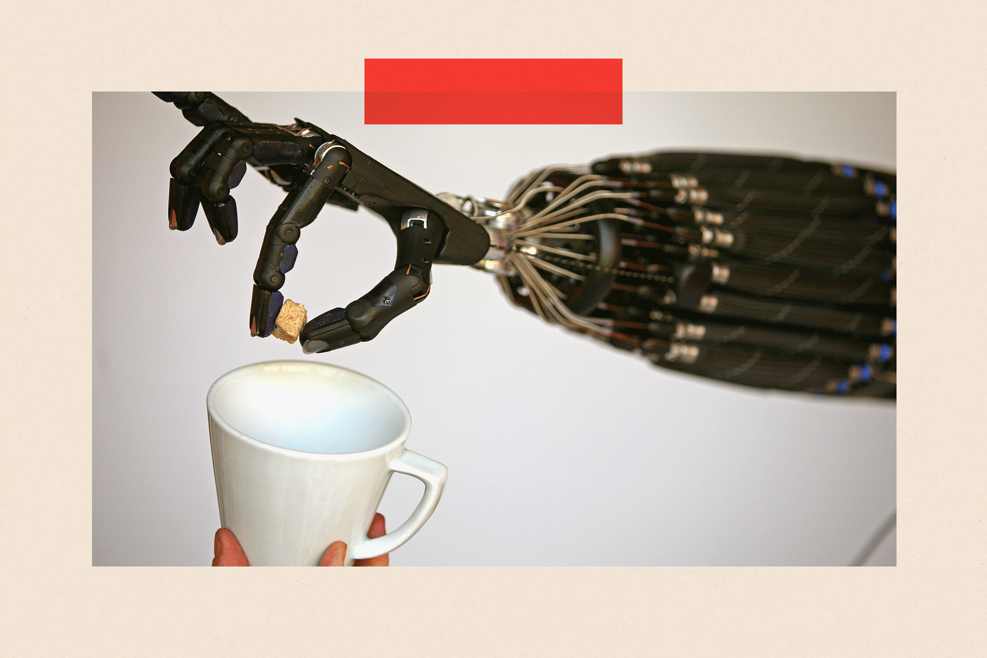 A dextrous hand robot putting a sugar cube into a mug
