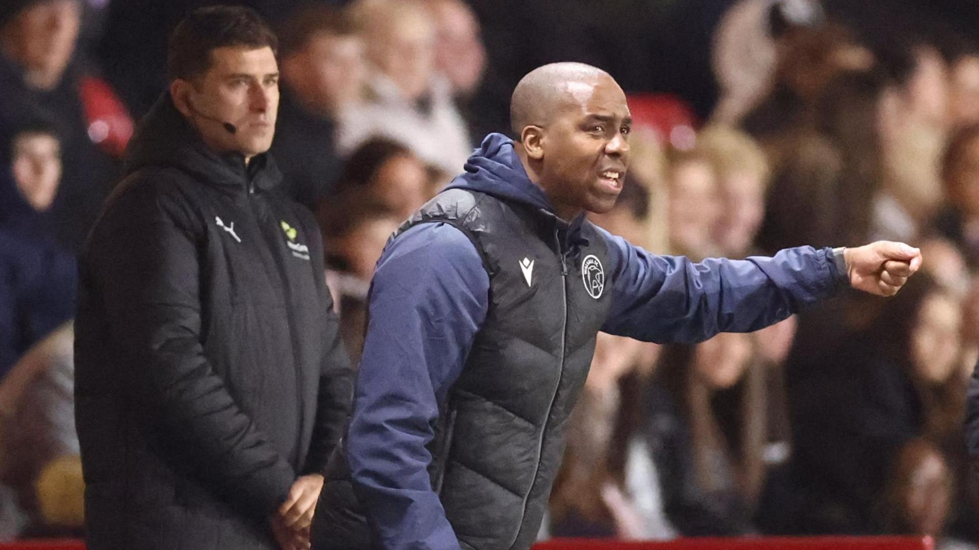 Darren Byfield shouts some instructions to his Walsall players during a match