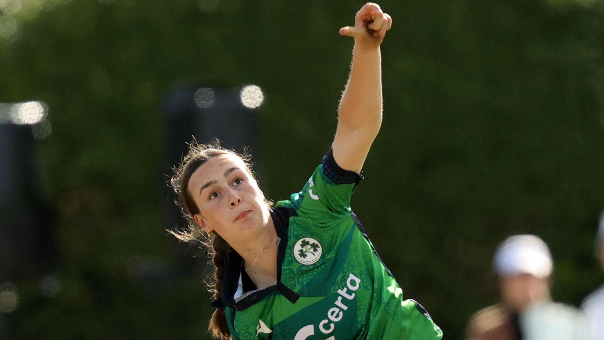 Aimee Maguire bowls against England in September