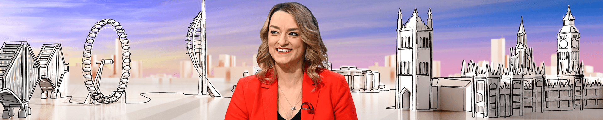 Thin banner promoting the Off Air with Laura K newsletter with an image of presenter Laura Kuenssberg wearing a red blazer and an illustration of the Houses of Parliament on a pink and blue background.