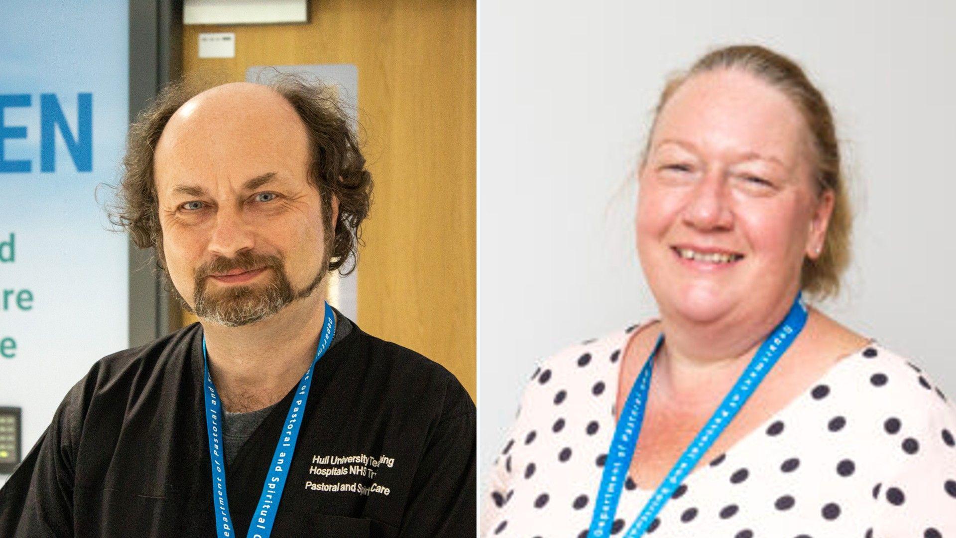 Composite image of a bearded Harry Smart, who is wearing a black top and blue lanyard, and Joanne Milns, who is smiling and wearing a white top with black dots 