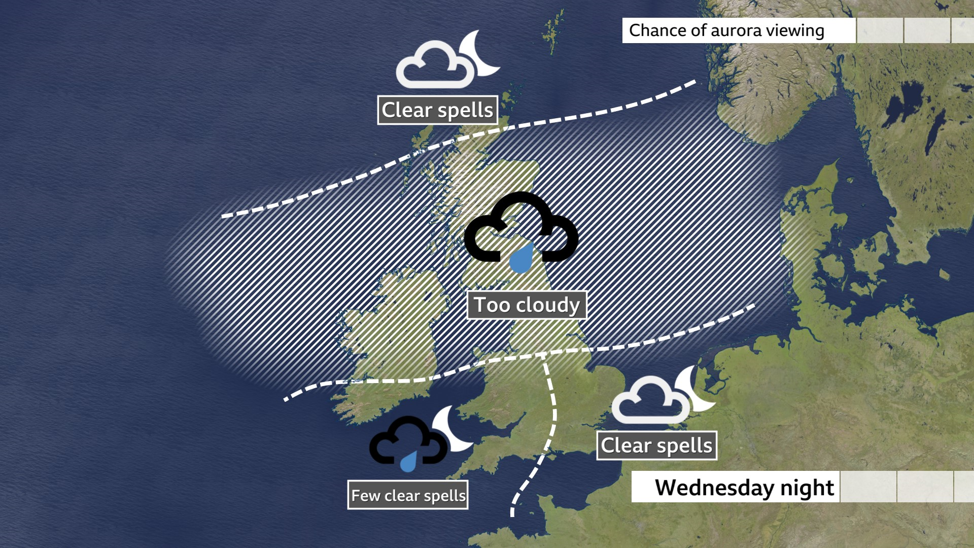 A image of the UK showing clear skies  for Tuesday in northern England and for Wednesday clear skies in northernmost Scotland, northwest England and southeast England  
