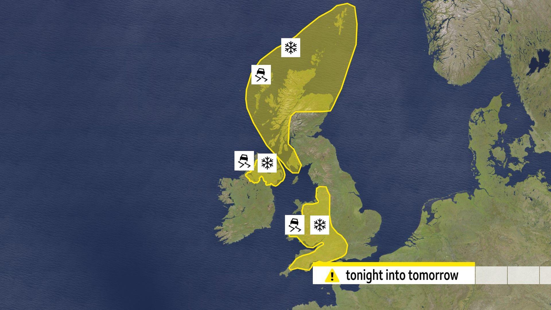 A map showing parts of Scotland, Northern Ireland, Wales and western England covered by yellow alerts for snow and ice.