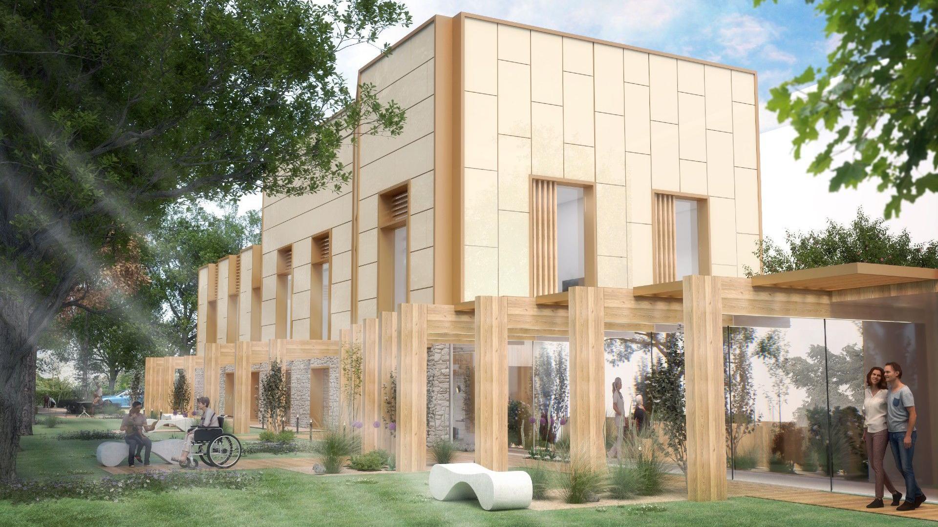 A CGI image of the exterior of a new cancer centre at Cheltenham General Hospital - people walking round a garden under wooden beams.