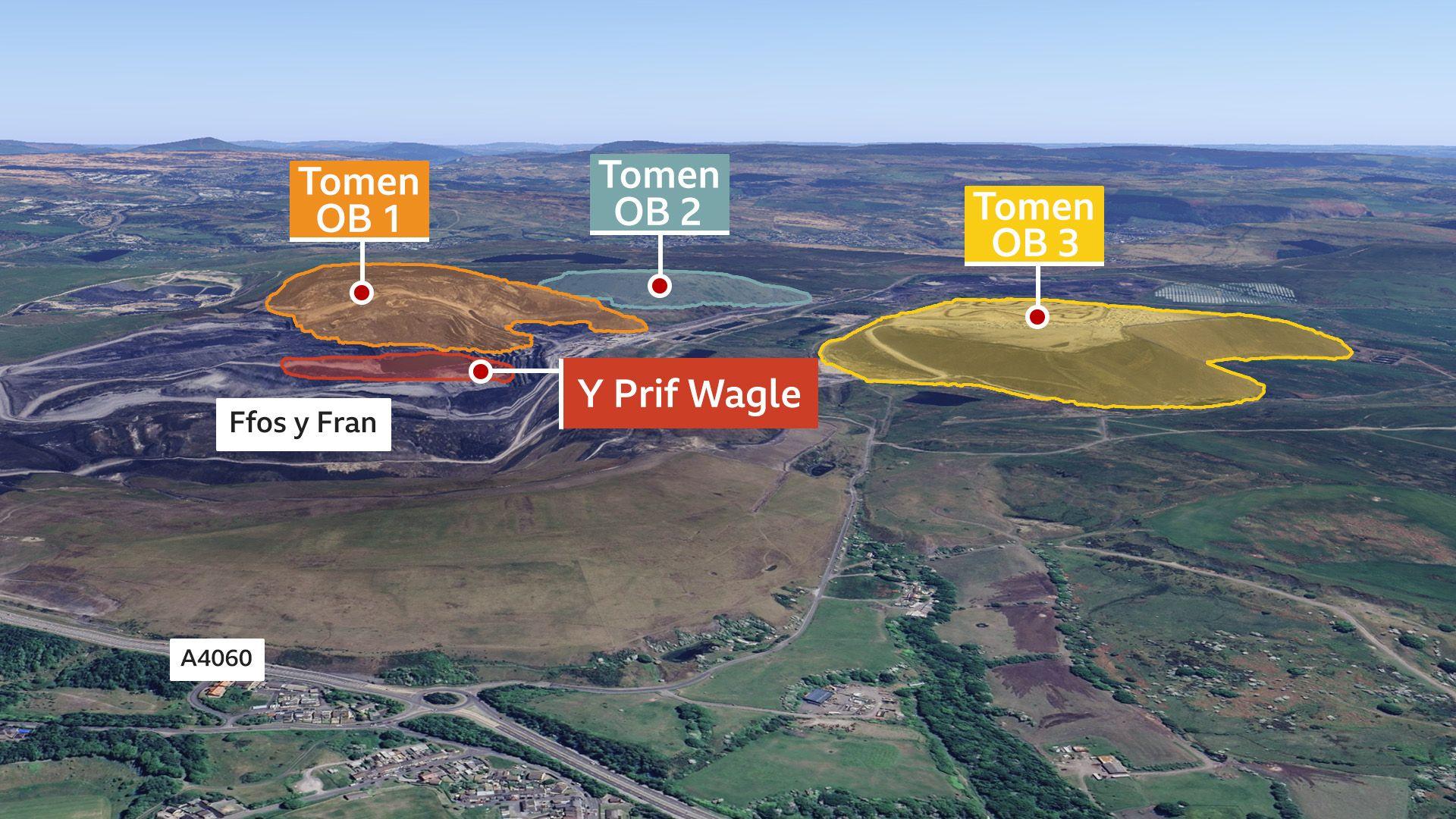 Map o Ffos y Fran yn dangos lleoliadau y tri tomen a ffordd yr A4060 sy'n rhedeg nesaf i'r lofa ac uwchben Merthyr Tydfil